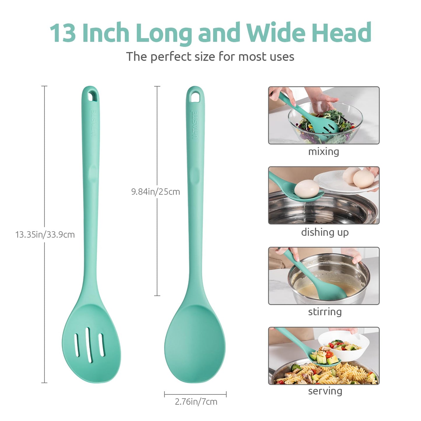 600ºF Heat Resistant Silicone Spoons: U-Taste 13.3in Solid & Slotted Kitchen Cooking Tool, Nonstick Long Rubber Utensil, Sturdy for Mixing, Serving, Stirring, Frying, Basting (Aqua Sky, 2PCS)