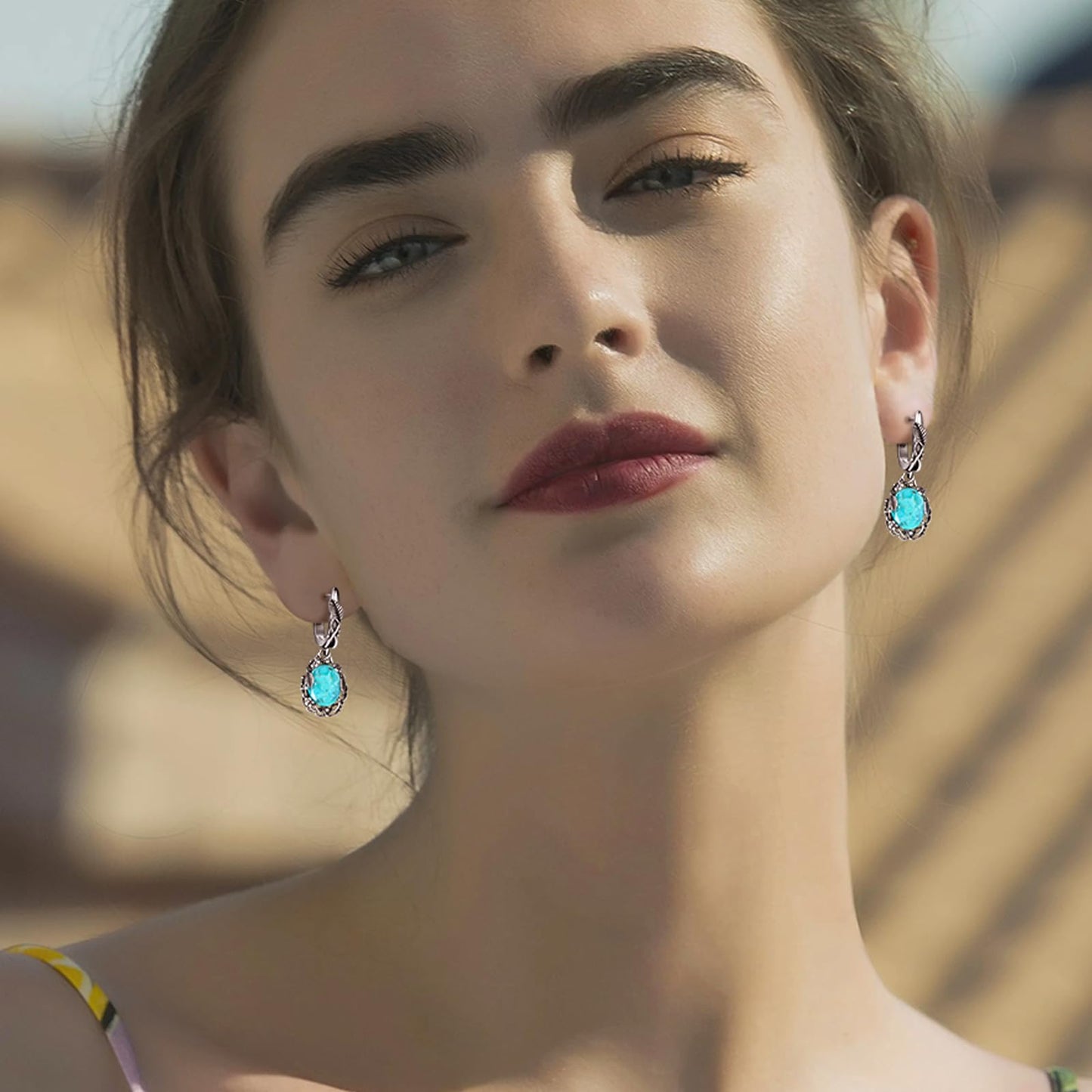 Phyonio Western Blue Oval Turquoise Dangle Earrings for Women Leaf Vine Flower Latch Back 925 Sterling Silver Earring Vintage Oxidised Boho Jewelry Valentines Day Gift for Wife