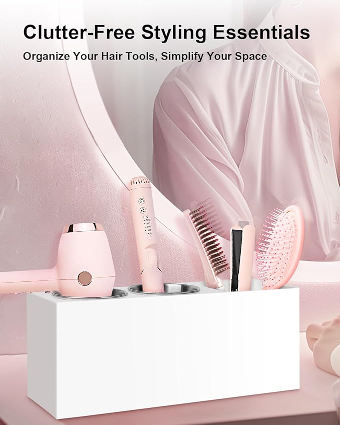 Hair Tool Organizer, Hair Dryer Holder with Heatproof Steel Cups, Acrylic Vanity Organizer for Curling Iron, Flat Iron & Hair Brushes, Perfect for Bathroom (White, Standard)