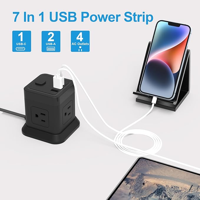 Power Strip with USB C Ports, FDTEK Power Cube with USB C, PD 20W Fast Charge Power Cube with 4 Outlets and 3 USB, 10FT Flat Plug Power Strip for Home, Office, Dorm Room Essentials