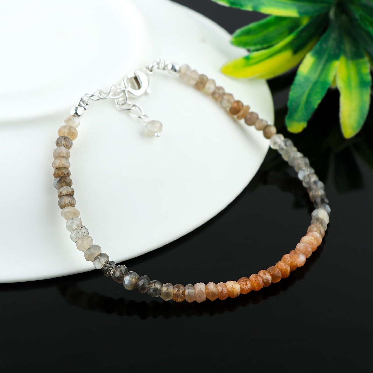 CRYSTALINES Natural Moonstone Dainty Bracelets, Multi Shaded Gemstones Beads, June Birthstone, Chakra Healing Crystals, Handmade Bracelet, Women Jewelry, Silver Chain, A Grade, 8"