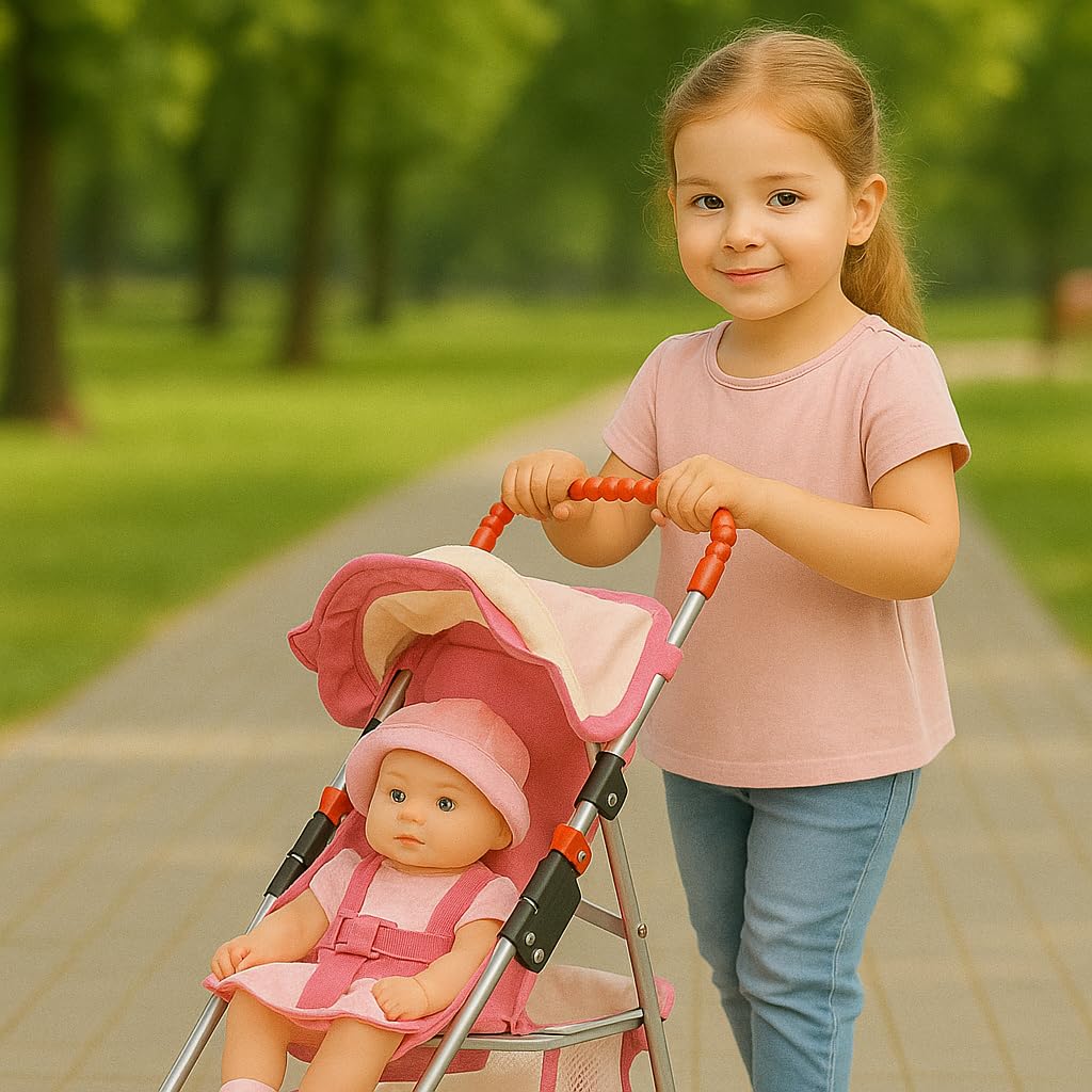 fash n kolor My First Doll Stroller with Basket - Pink Off-White Foldable Doll Stroller - Fits Upto 18" Dolls, 2 Free Magic Bottles Included