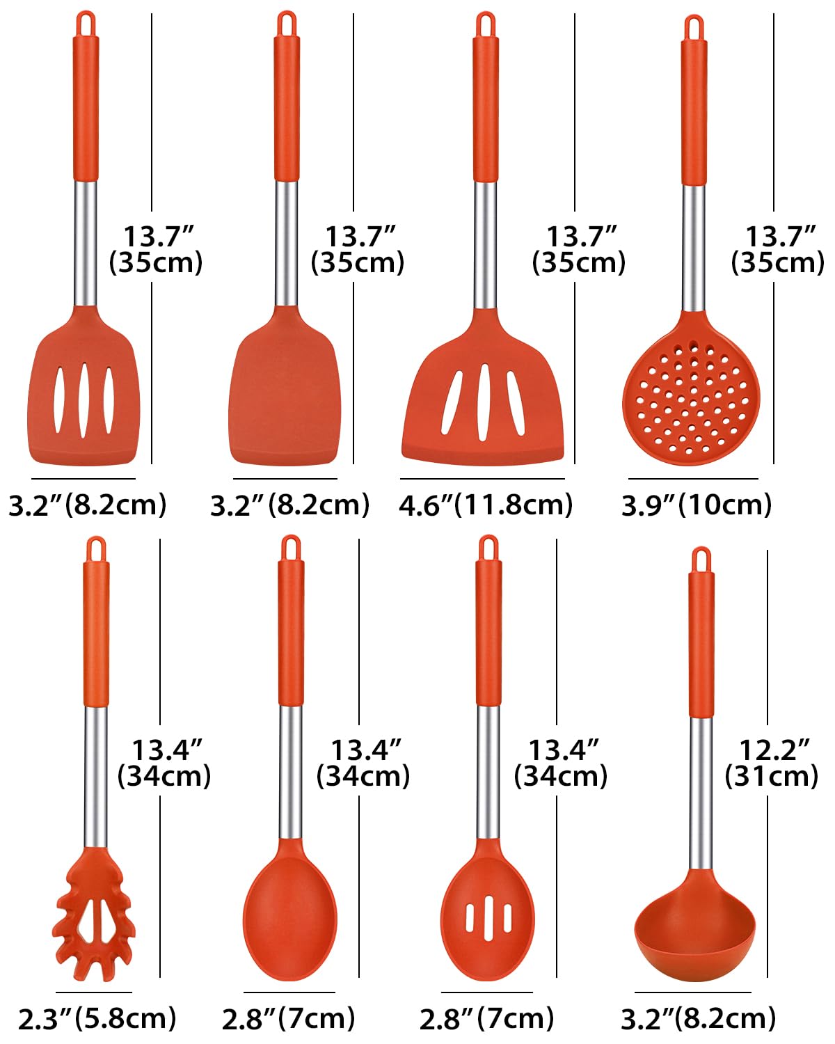 Silicone Cooking Utensil Set, 8Pcs Non-stick Cookware with Stainless Steel Handle, BPA Free Heat Resistant Kitchen Tools with Spatulas, Turners, Spoons, Skimmer and Pasta Fork (RED)