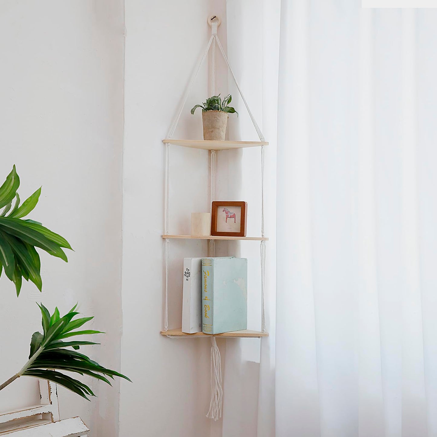 Artilady White Corner Floating Shelves Wall Hanging- Macrame 3 Tier Corner Shelf Plant Wall Decor Boho Rustic Wooden Storage Orgnizer for Bedroom Living Room Pots Photos