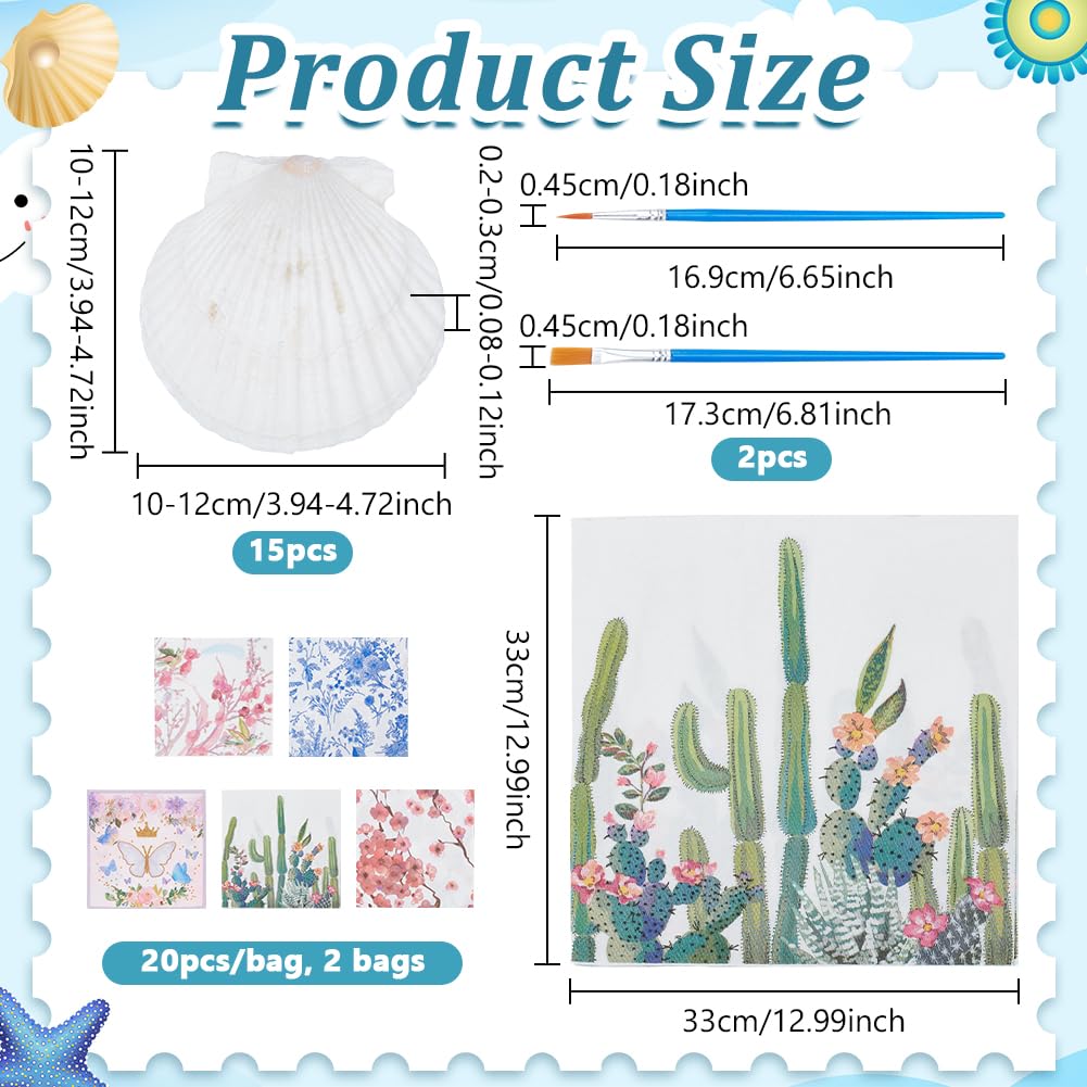 NBEADS Scallop Shells for Crafts, 15 Pcs Natural Shells 40 Pcs 8 Styles Decoupage Paper Napkins 4 Pcs Plastic Paint Strips and Brushes Decorative Paper for DIY Crafting Birthday Party