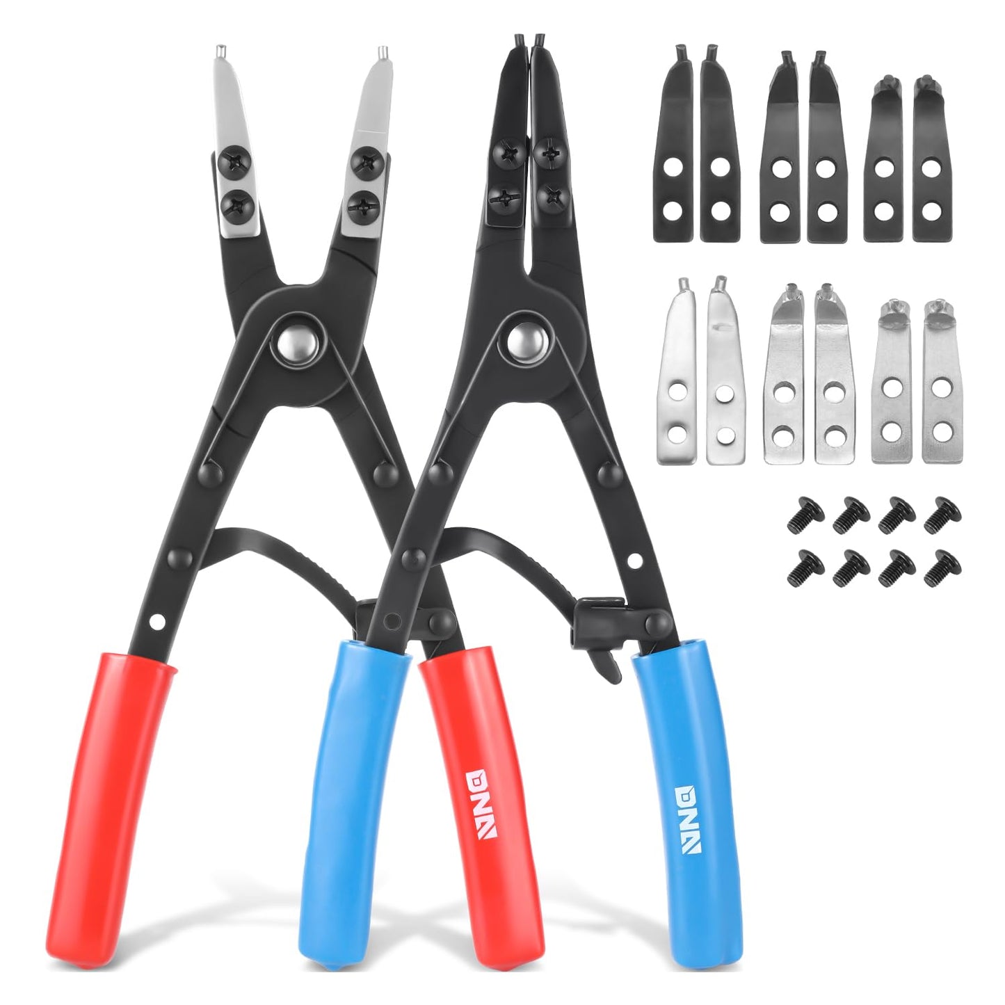 DNA MOTORING 2pc 10 in Heavy Duty Multi Angle Internal External Spring Ratchet Circlip Plier For Ring Remover Retaining Snap Ring Plier Set, W/Case, Tools-00533