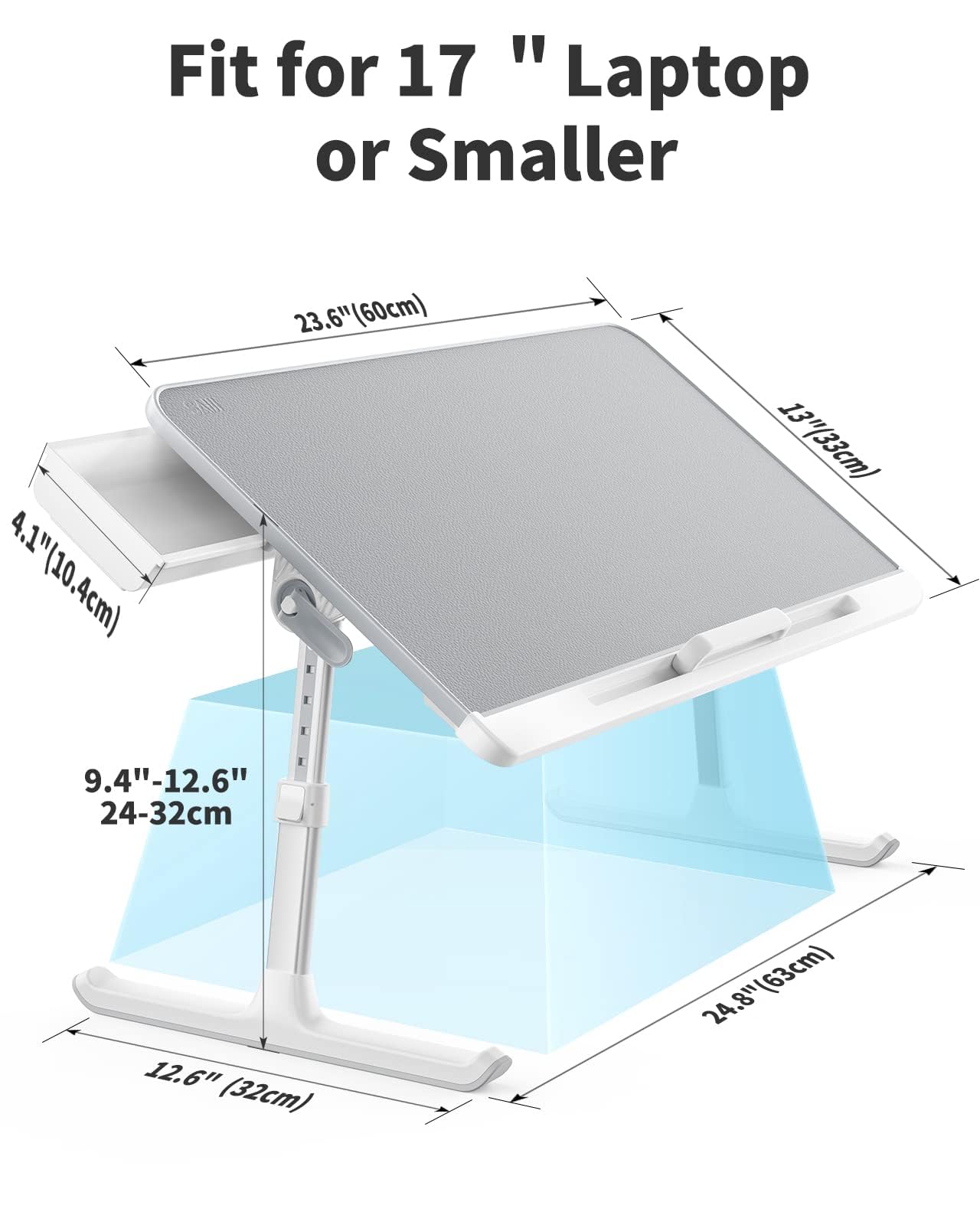 SAIJI Laptop Bed Tray Table - 23.6" x 13" Adjustable Portable Standing Desk with Storage Drawer, Foldable Lap Desk Fits 17" Laptop, PVC Leather for Couch Sofa (Gray)