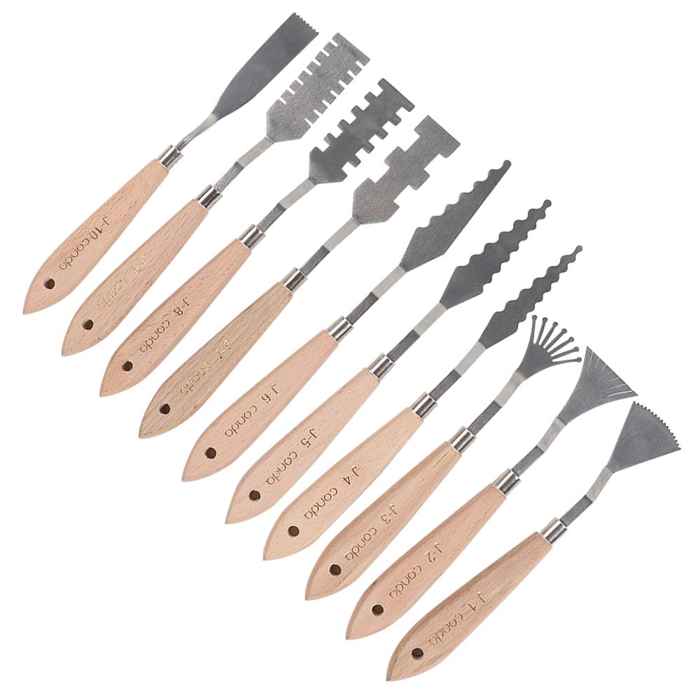 CONDA Palette Knife Set 1 set 10Pcs Palette Knife Painting Wood Handle with Different Shapes and 1 set 5 pcs regular shapes pack