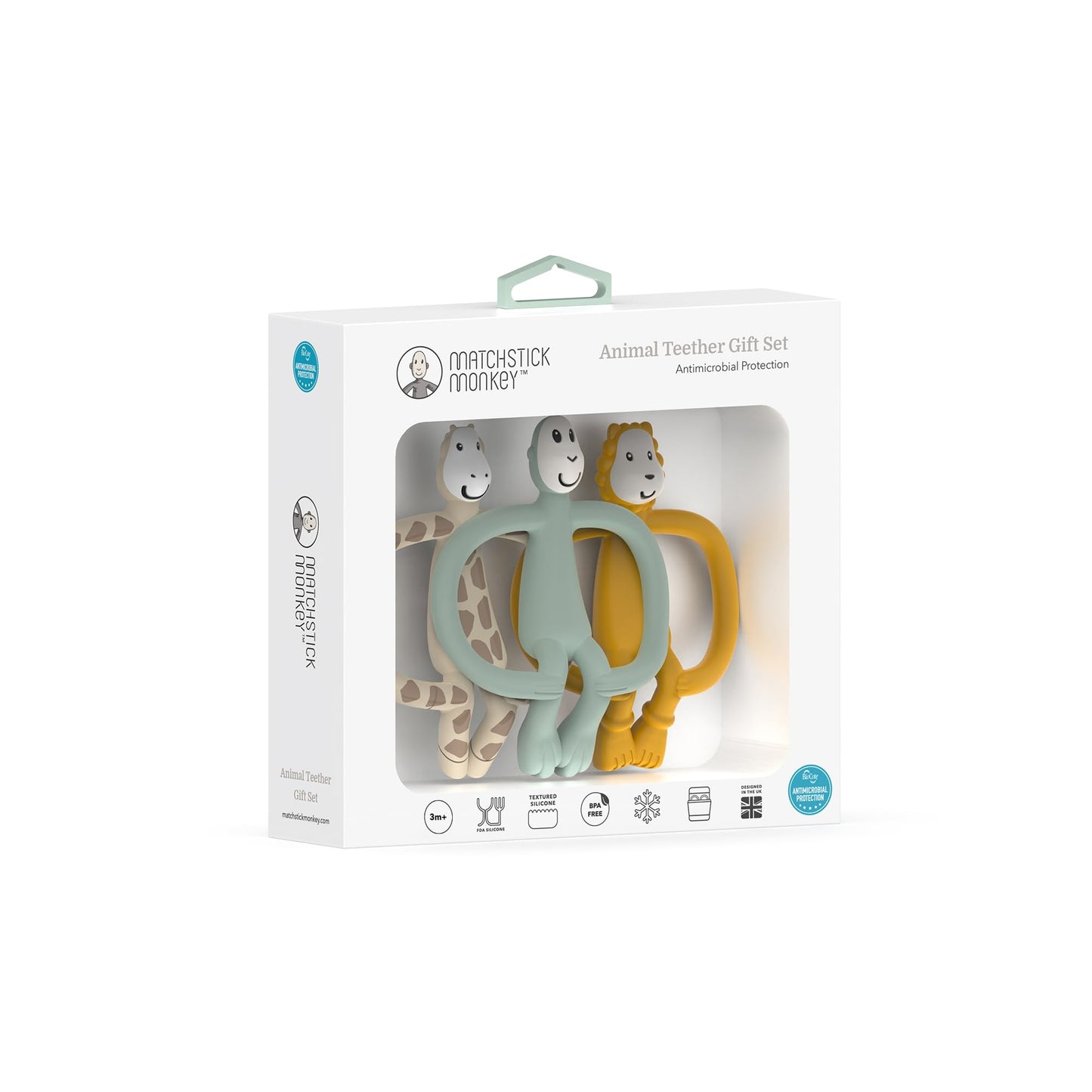 Matchstick Monkey 3-Pack Animal Teether Gift Set – BPA-Free Silicone for Teething Relief, Fine Motor Skills, Sensory Stimulation, Baby Oral Care, 3+ Months, Ludo Lion, Gigi Giraffe & Monkey