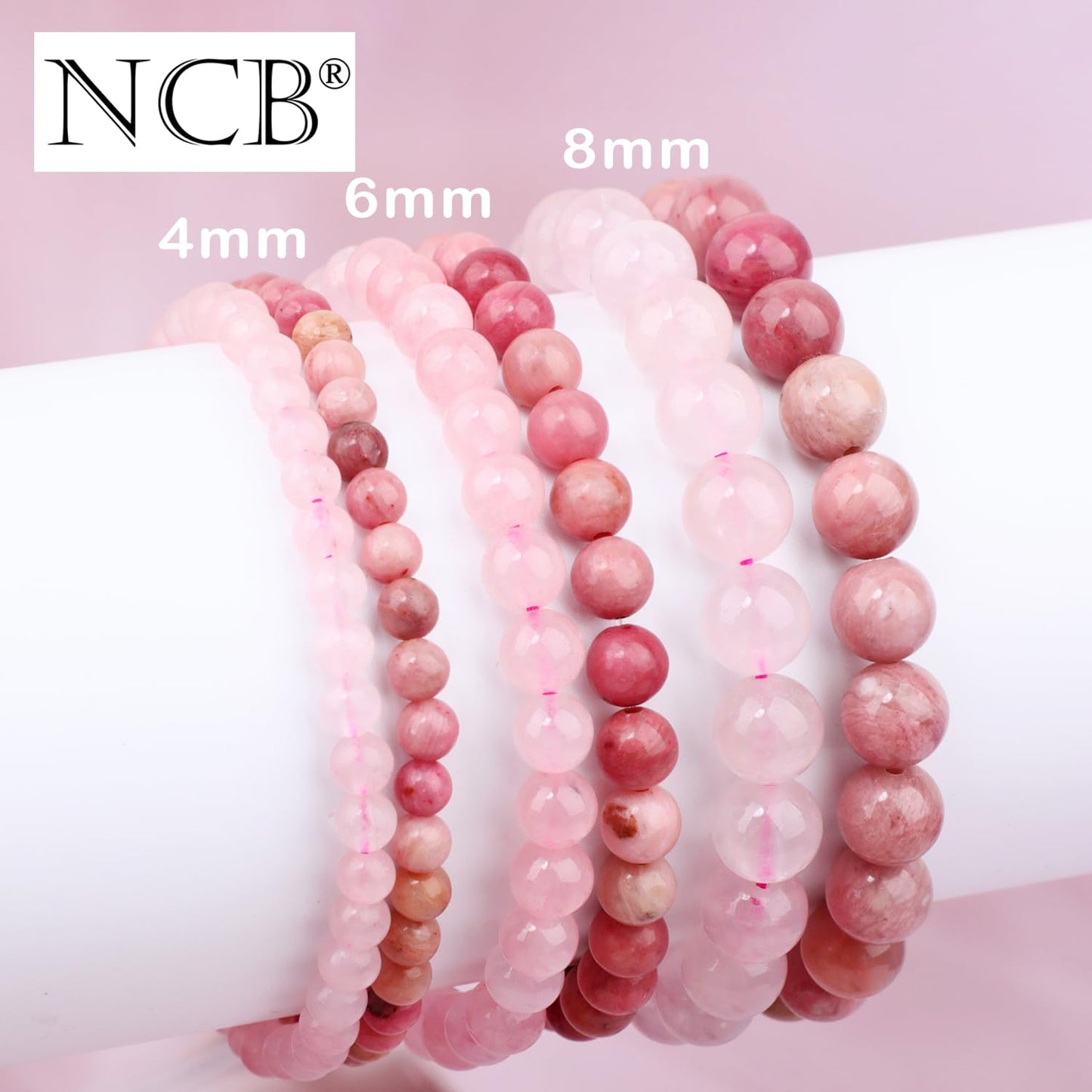 NCB 2-Piece 8mm Natural Crystal Gemstone Stretch Bracelets – ﻿Pink Quartz, Rhodochrosite Handmade Reiki Energy Healing Jewelry for Meditation,Yoga, Unisex