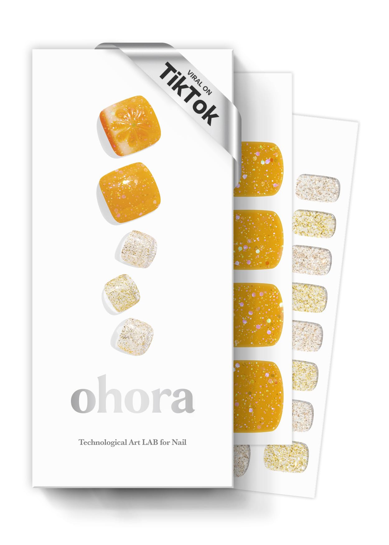 ohora Semi Cured Gel Pedi Strips (P Orange Splash) - Works with Any Nail Lamps, Salon-Quality, Long Lasting, Easy to Apply & Remove - Includes 2 Prep Pads, Nail File & Wooden Stick