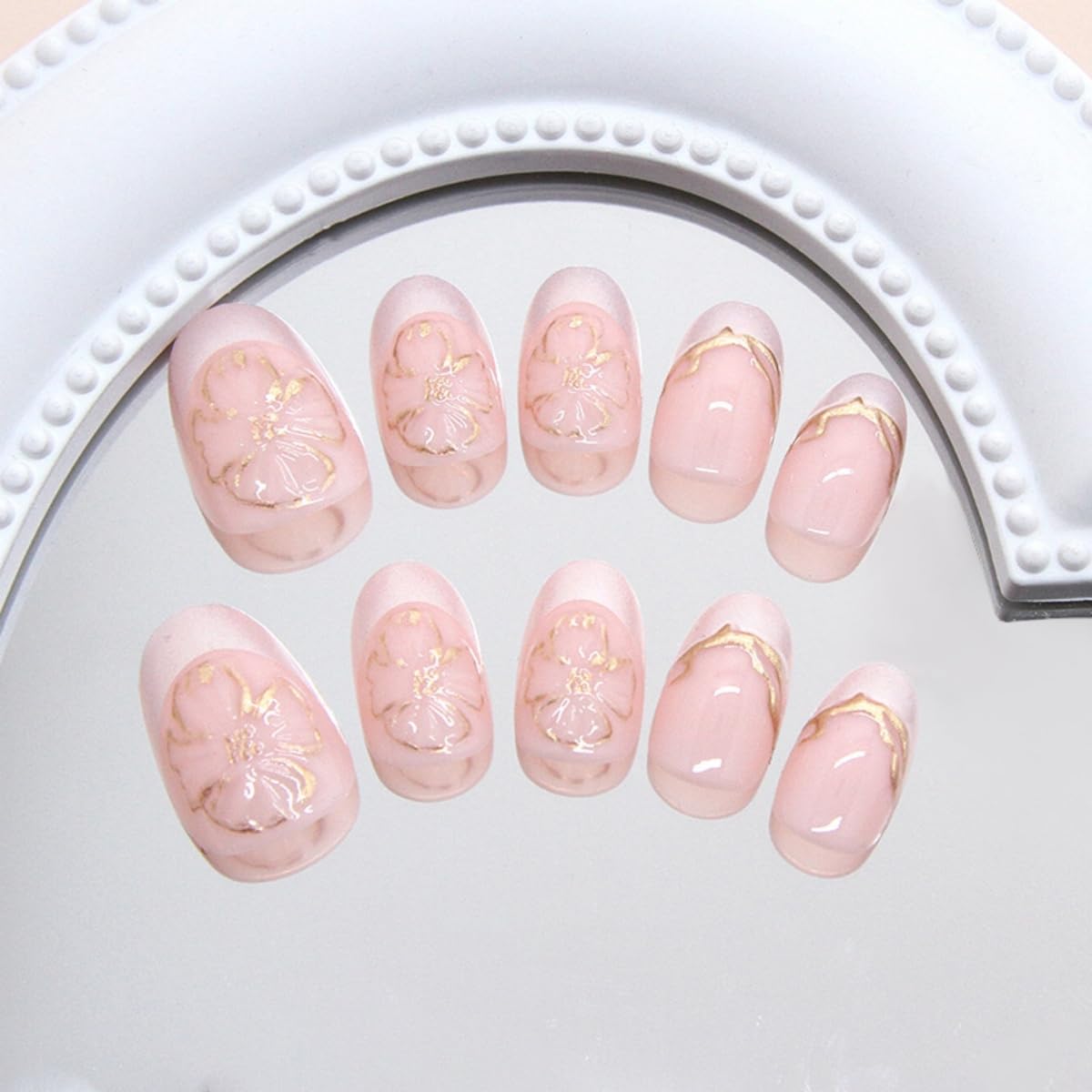 Silver French Tip Press on Nails Short Almond, Gold Flower Line Fake Nails with Glue, Pink Stick on Nails Full Cover Glossy False Nails for Women DIY Manicure Decoration, 24PCS