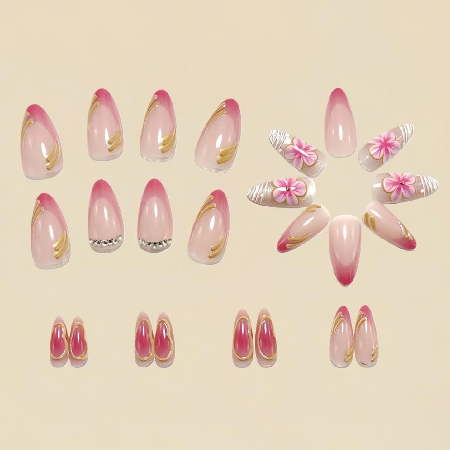 RUOKEXIN Almond Press on Nails French Tip Fake Nails Pink False Nails with Flower Designs Medium Nail Press ons Spring Summer Artificial Nails for Women 24Pcs