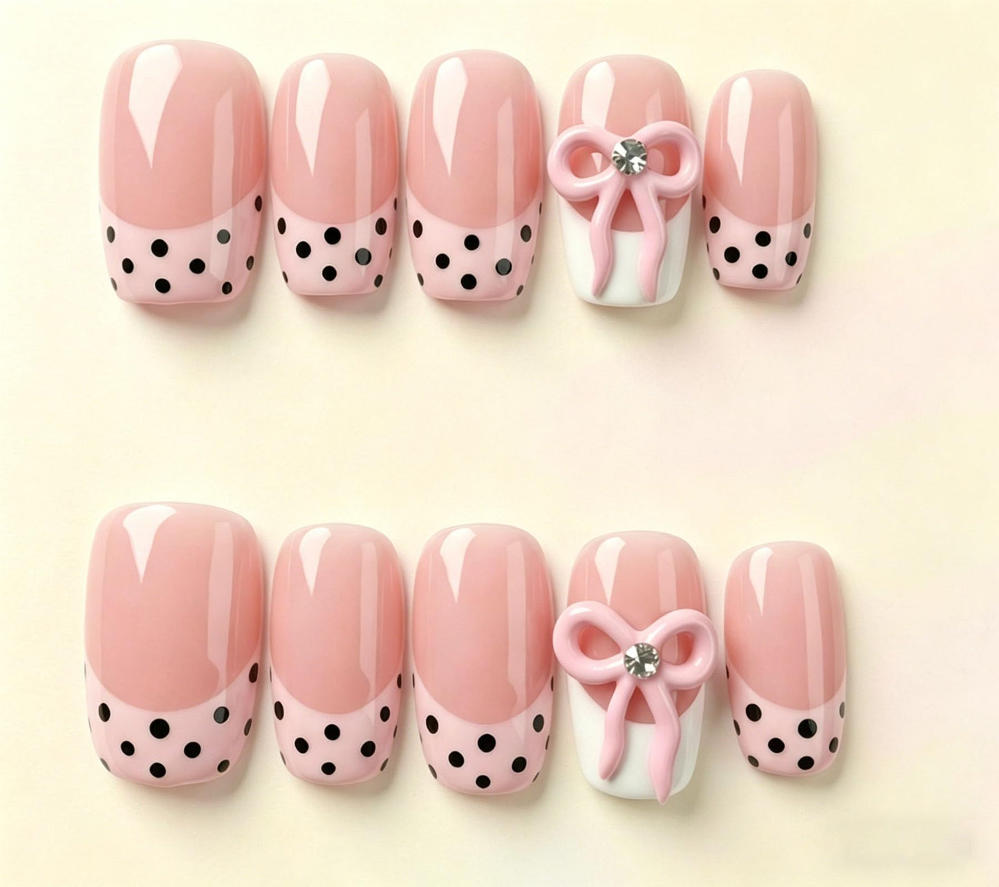 Short Square Press on Nails Polka Dot Handmade 3D Cute Glue on Nails for Women, Luxury Homemade Press on Nail Art Design, Fake Nails with 3D Nail Charms Size M 4