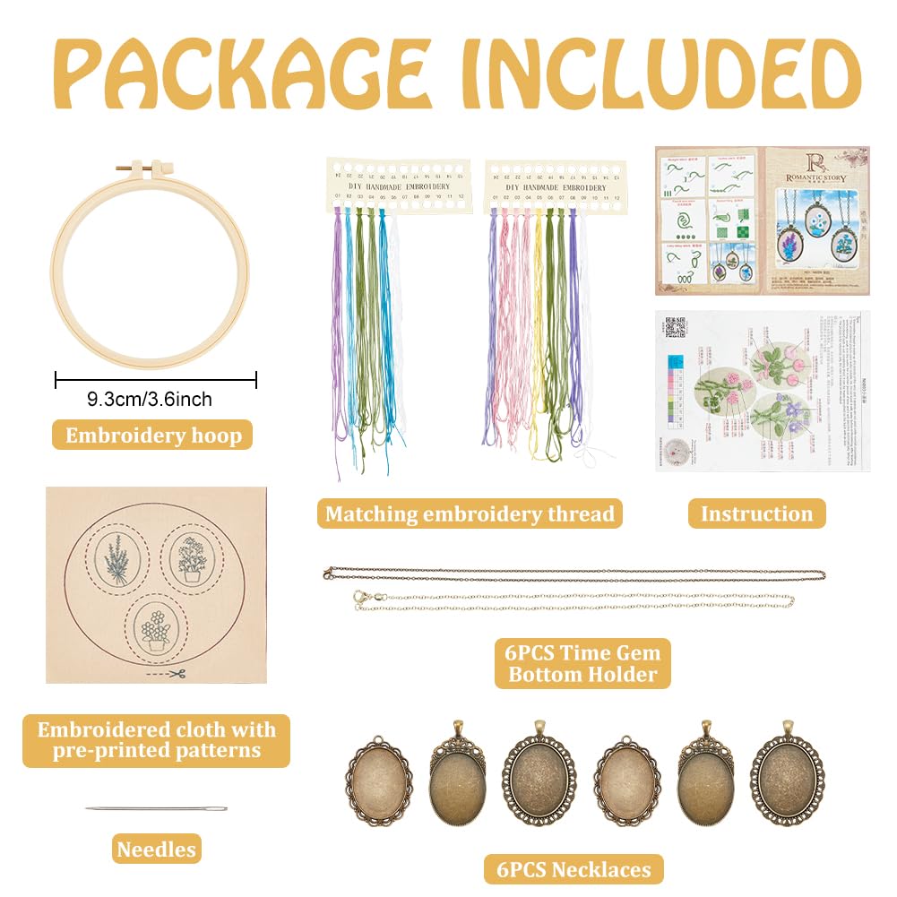 FREEBLOSS 6 Set Embroidery Necklace Kit Embroidery Kit for Beginners Embroidery Pendant Flowers Brooch Mini Embroidery Kit with Instruction Embroidery Starter Kit for Adults Stamped Pattern Cloth