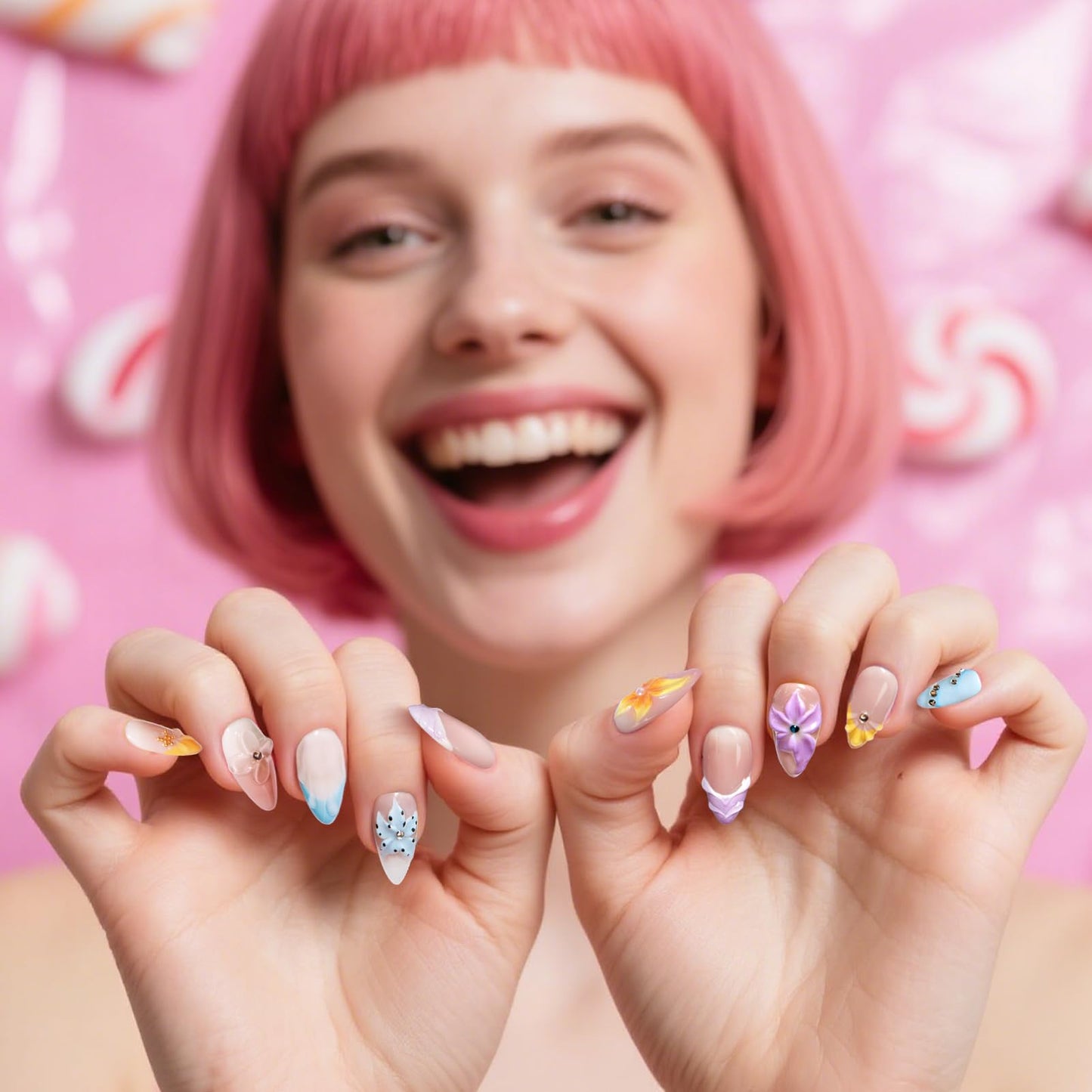 Handmade Press on Nails Summer Sea 3D Ocean Shell False Nails for Girls Reusable Beach Design Medium Almond Stick on Nails Floral Acrylic Fake Nails for Vacation