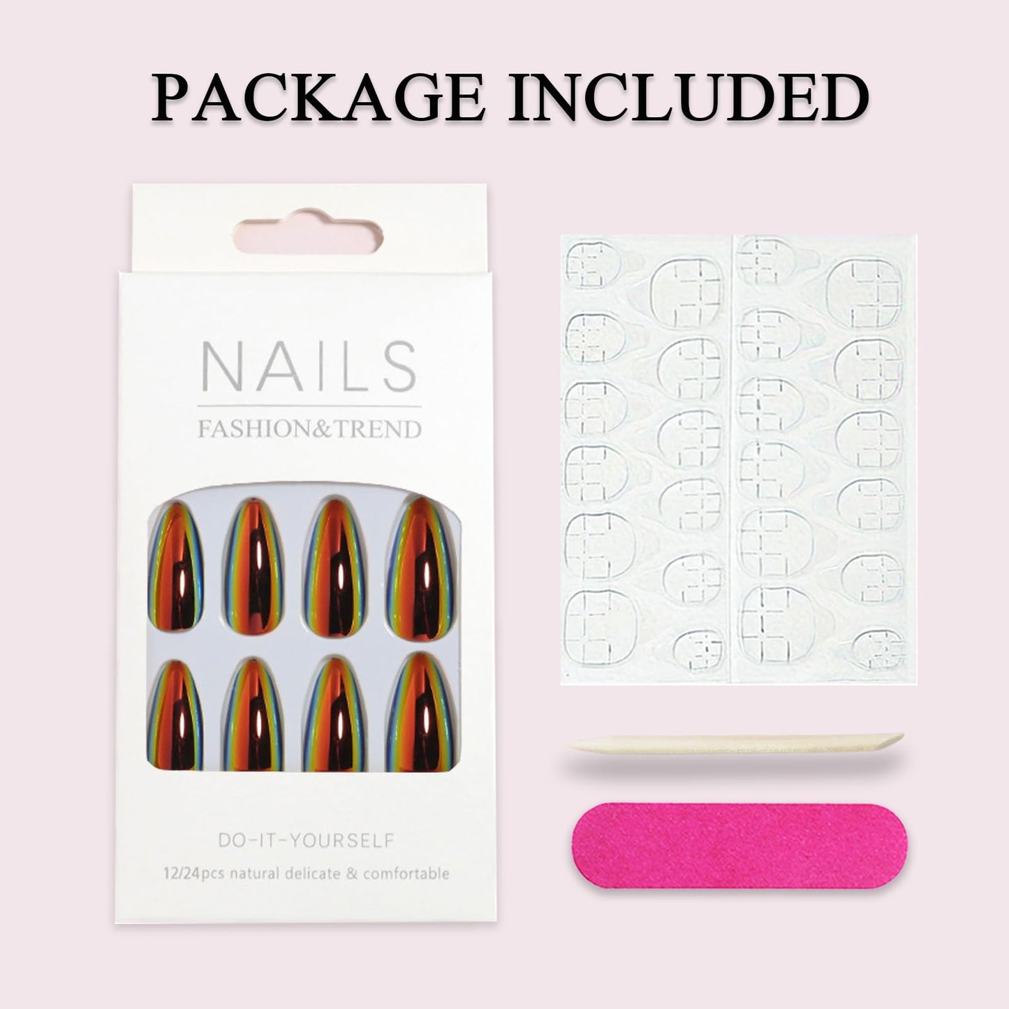 24Pcs Chrome Press on Nails Medium Almond Fake Nails Black Aurora False Nails Glossy Quality Nail Tips Full Cover Glue on Nail Laser Acrylic Stick on Nails for Women Quick Manicure Kit