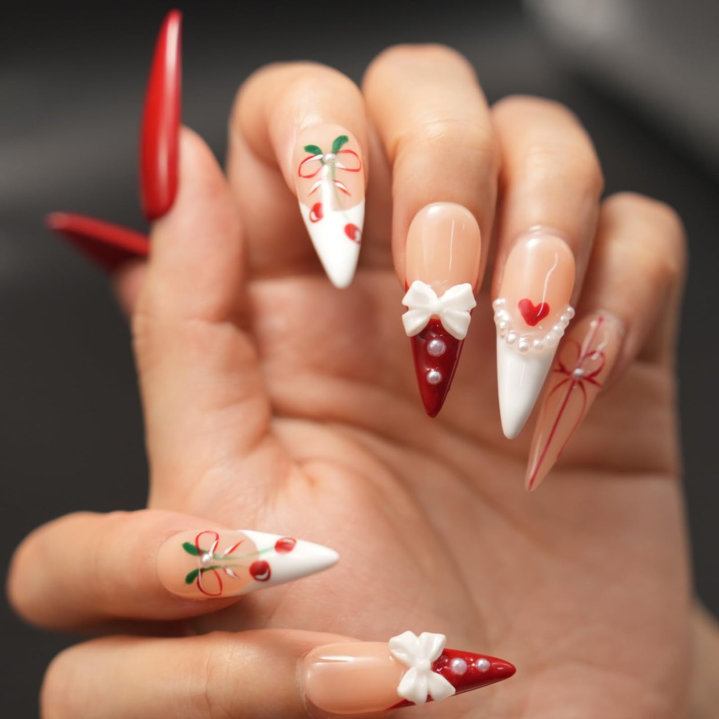 Luxury Handmade Press On Nails for Women,Reusable French Tip Long Almond False Nails, with 3D Red Bow & Cherry Pearls, Salon Quality Multilayer Gel Acrylic Fake Nails (10pcs) S SIZE