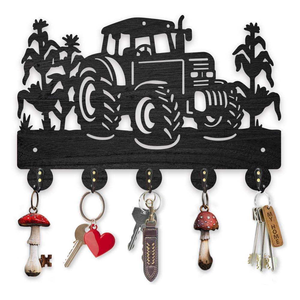 MAYJOYDIY Wooden Tractor Corn Field Coat Hooks Farm Vehicle Crops Key Holder for Wall 11.8×7.9inch Decorative Gift Wall Key Rack Organizer 5 Alloy Hooks for Farmhouse Kitchen Entryway