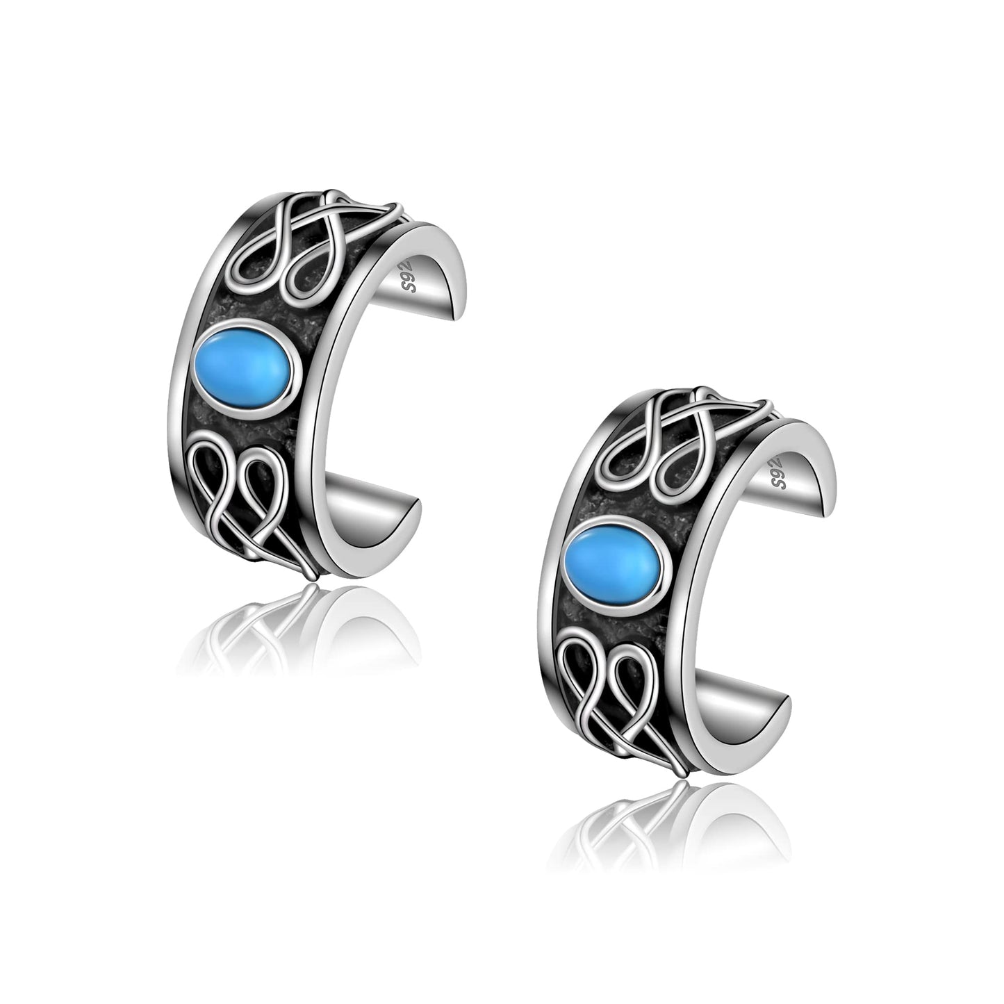 925 Sterling Silver Turquoise Celtic Knot Oxidized Ear Cuffs For Women, Sterling Silver, Turquoise