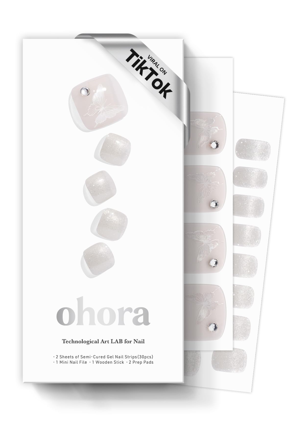 ohora Semi Cured Gel Pedi Strips (P Whisperfly) - Works with Any Nail Lamps, Salon-Quality, Long Lasting, Easy to Apply & Remove - Includes 2 Prep Pads, Nail File & Wooden Stick