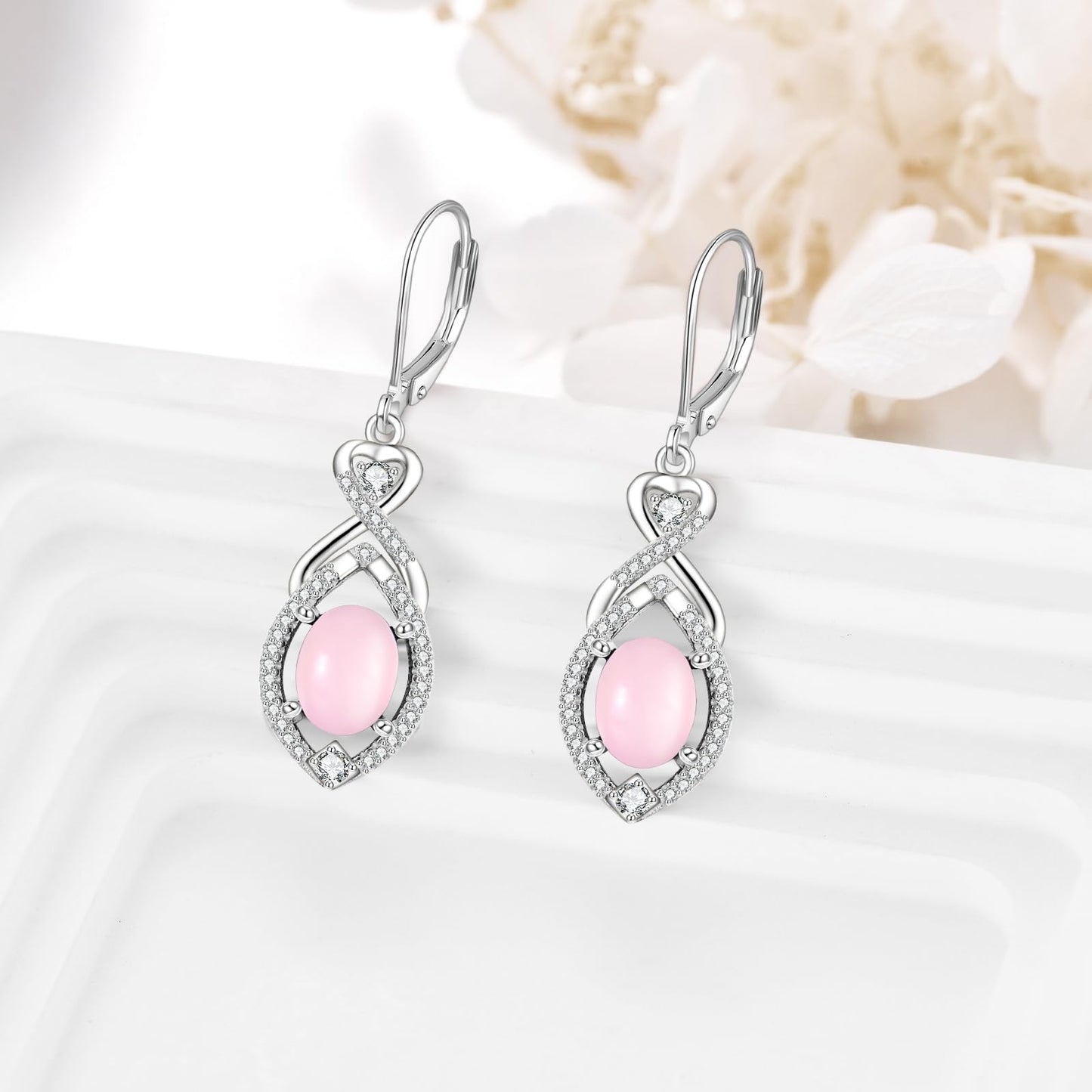 Pink Drop Earrings Sterling Silver Infinity Leverback Boho Earrings Pink Stone Dangle Earrings Jewelry Christmas Gifts For Women