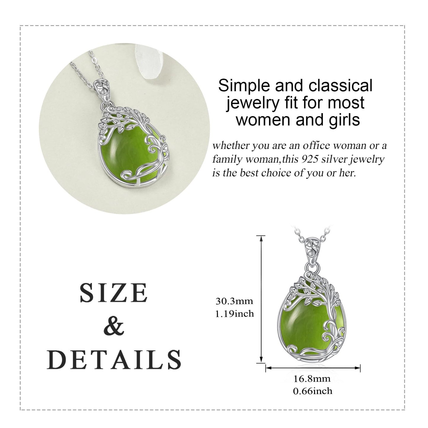 YAFEINI Sterling Silver Green Tree of Life Pendant - Natural Peridot Stone Necklace - Jewelry Gift for Women