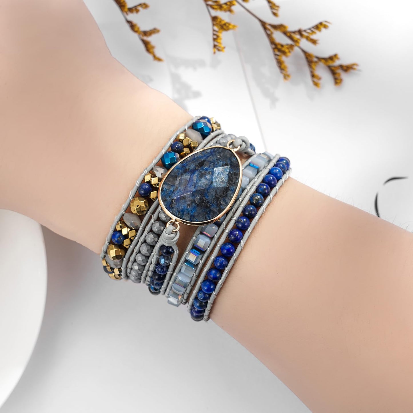 Plumiss Women Natural Blue Labradorite Stone Boho 5 Wrap Bracelet Jewelry Gift