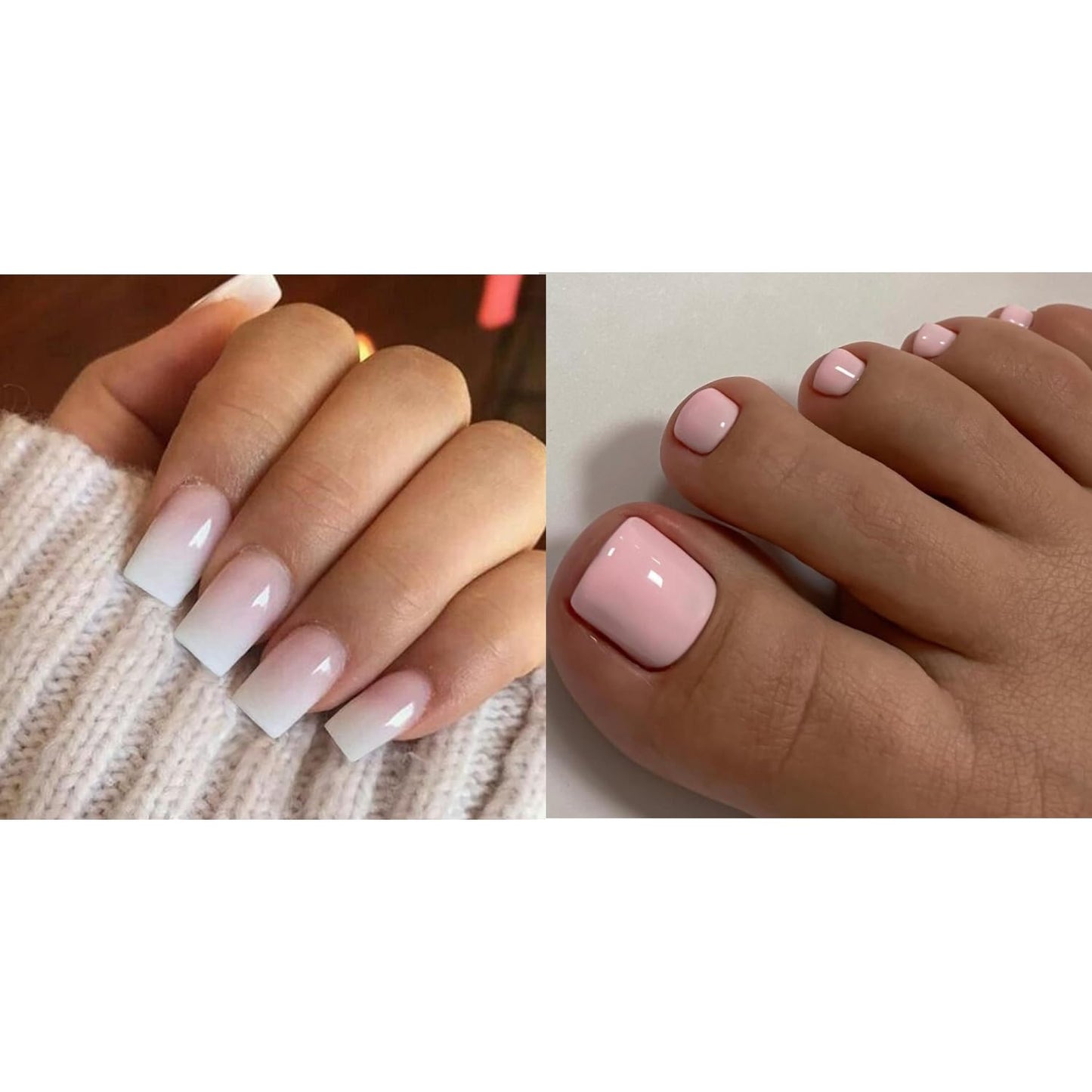 KQueenest Ombre Pink Press on Nails Short Medium&Light Pink Press on Toes Short Square For Beach Party Daily Decoration in 48 PCS