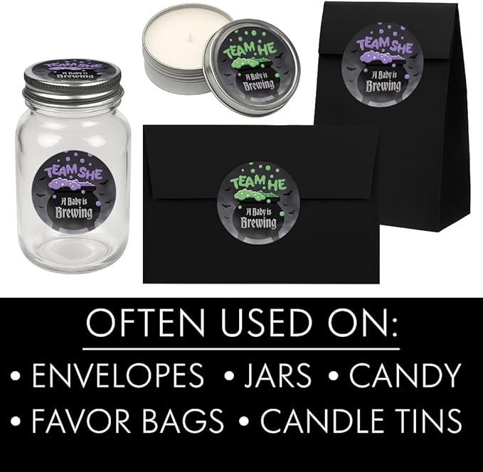 Baby is Brewing Halloween Gender Reveal Stickers 40ct – Bubbling Witch Cauldron Team He or Team She in Purple & Green