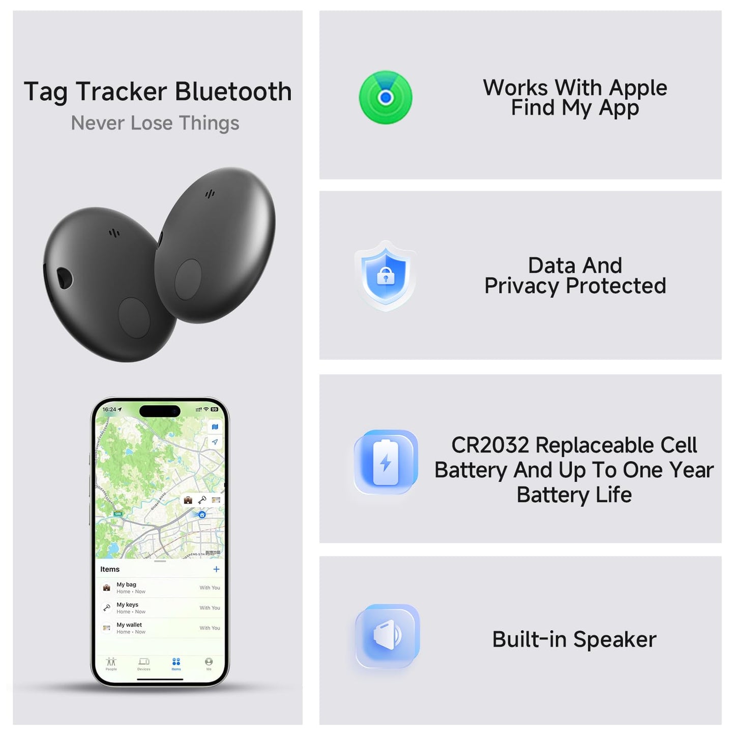 Smart Tracker, Item Finder Compatible with Apple Find My, Replaceable Battery, Water-Resistant, with Different Holder Cases, Loud Alarm, for Keys Luggage Backpack (iOS Only) 2 Packs