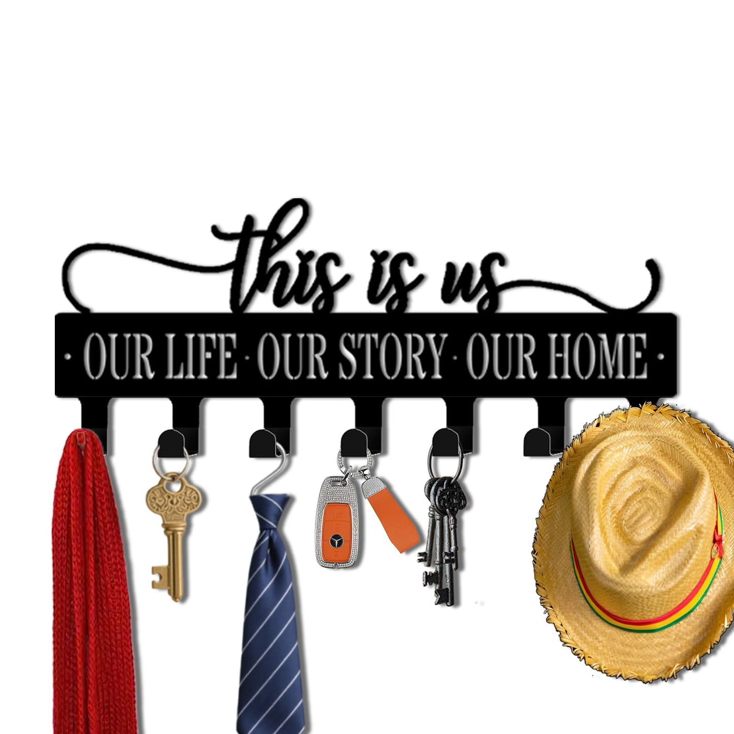 VUZUCOSH Key Holder Wall Mount, This is Us Sign, Key Holder Wall for Wall Decorative with 6 Hooks, Organizer Rack Hanger for Entryway, Front Door, Hallway, Office 9.8 inches