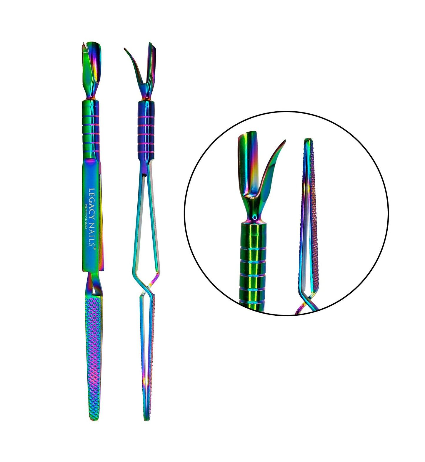 Legacy Nails Professional MULTICOLOR 3-IN-1 CURVE PINCHING TOOL - Stainless Steel tool - Removes gel nail polish, pushes dead cuticles, pinches acrylic extensions to improve the c-curve nail shape.