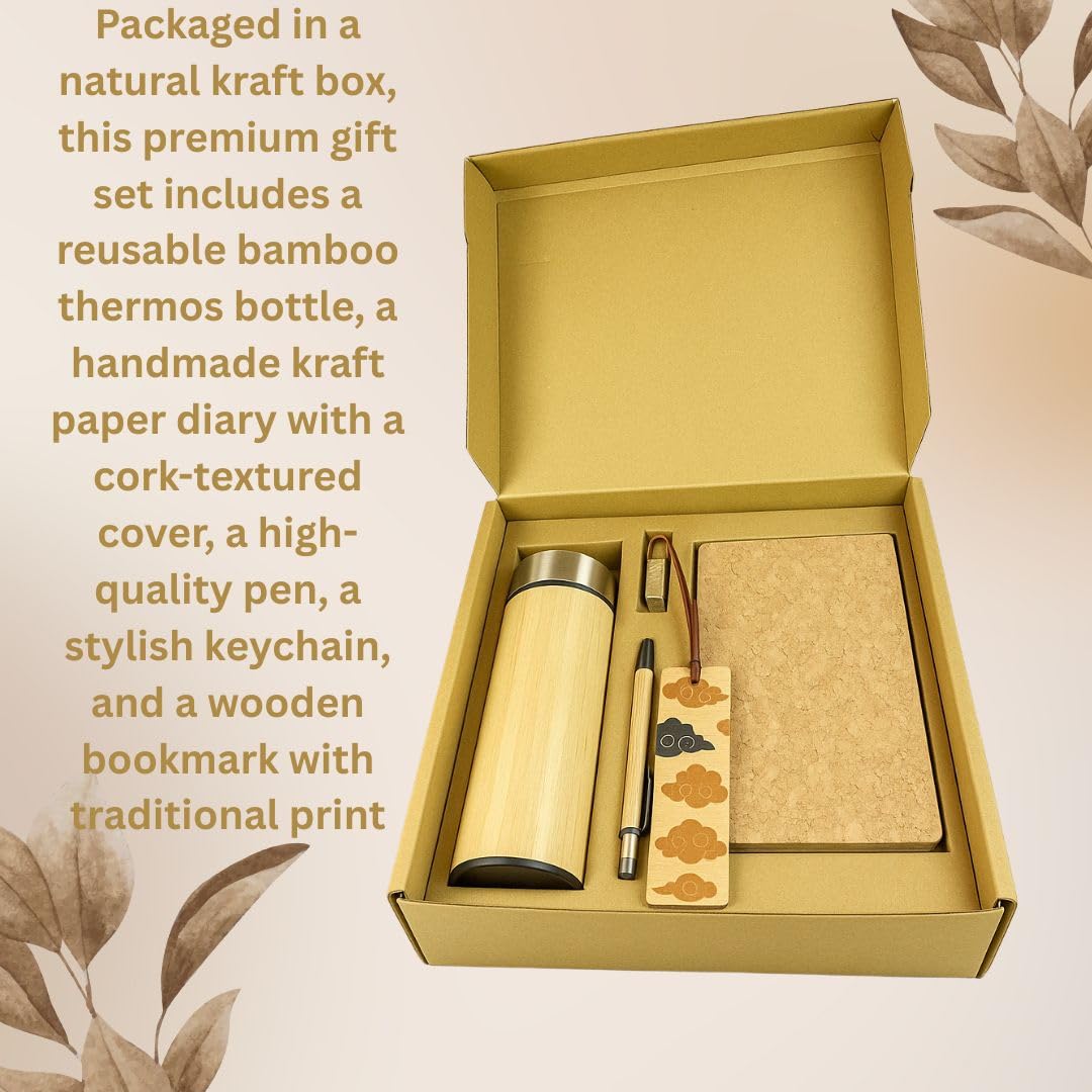 Corporate Gift Set – Eco-Friendly Bamboo Water Bottle, Handcrafted Journal, Pen, Keychain & Wooden Bookmark in Elegant Box – Employee Appreciation, Executive & Client Gift Box