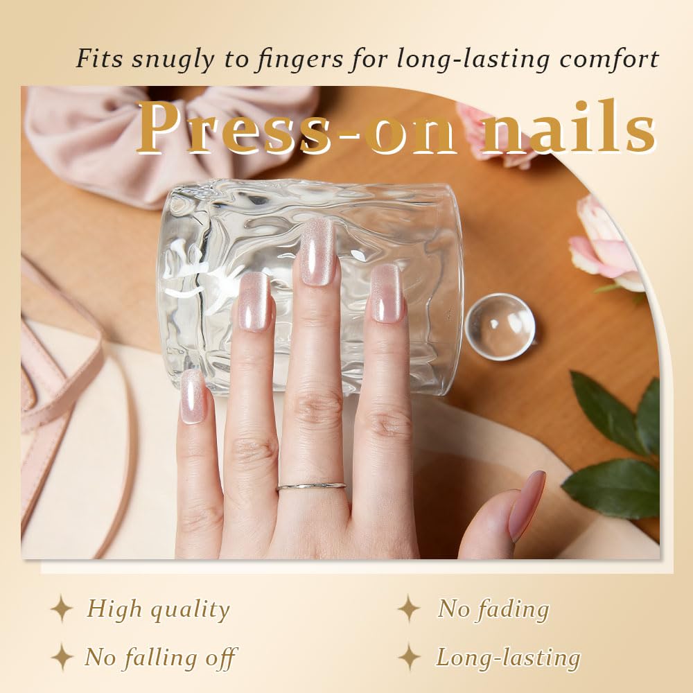 evpct Light Nude Cat Eye Press on Nails Medium Square No Glue, Medium Square Press Stick on Nails Chrome for Women, Nude Holographic Glitter Glossy Reusable Soft Acrylic Fake Nail with Cateye Design