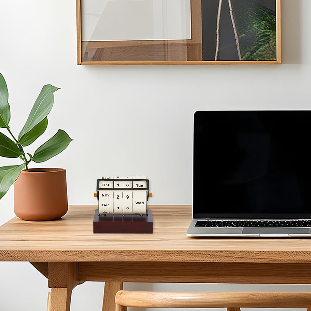 DICOSMETIC Wooden Rotating Perpetual Calendar Wood Creative Calendar Gift Month Week Day Date Display Desk Date Display for Home Office Decorations, 11.9x9.4x10.7cm