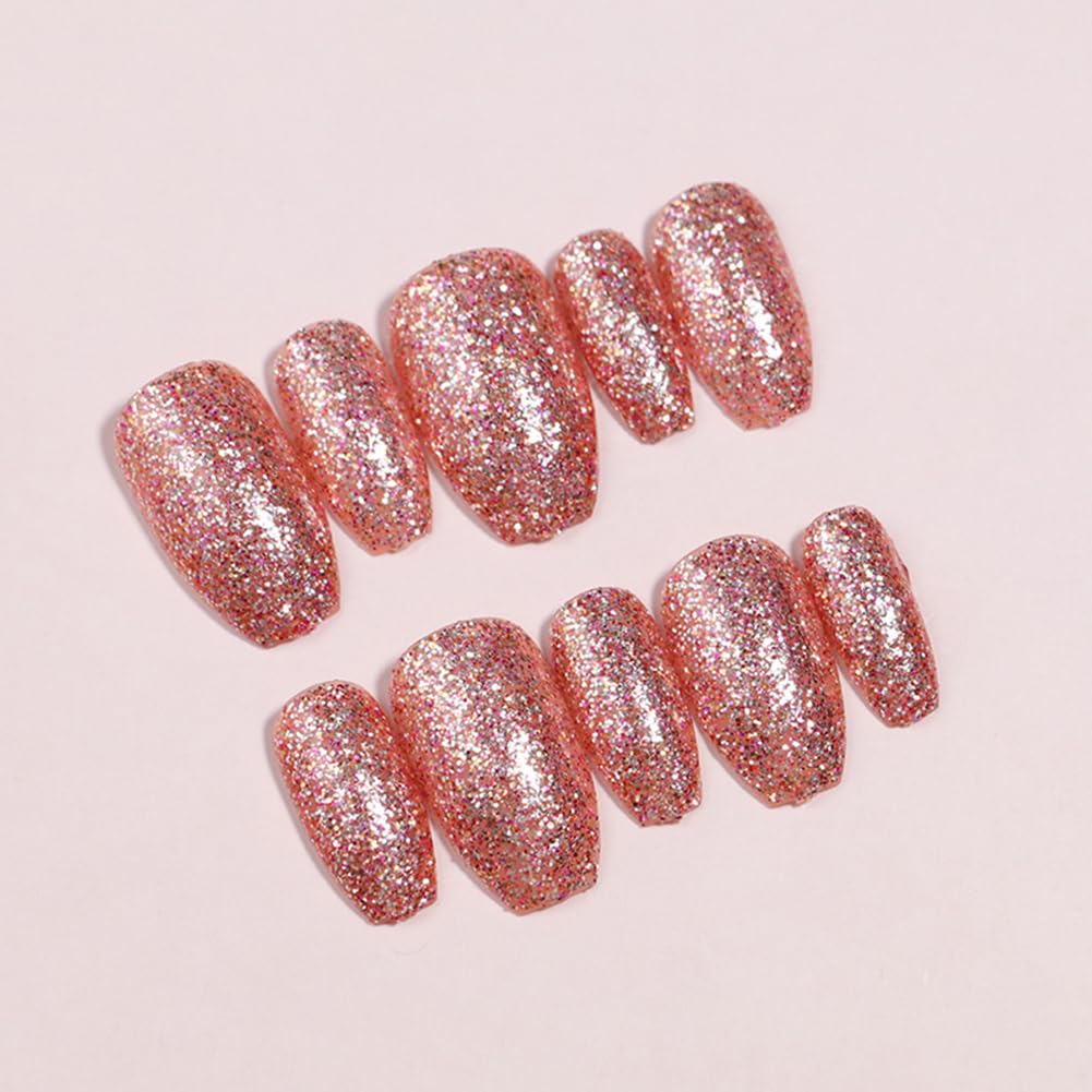 Hrnsnails Short Press On Nails Coffin Fake Nails with Pink Glitte Nail Press Ons Design, Artificial False Nails Press On Nail Kit Sparkly Stick On Nails for Women