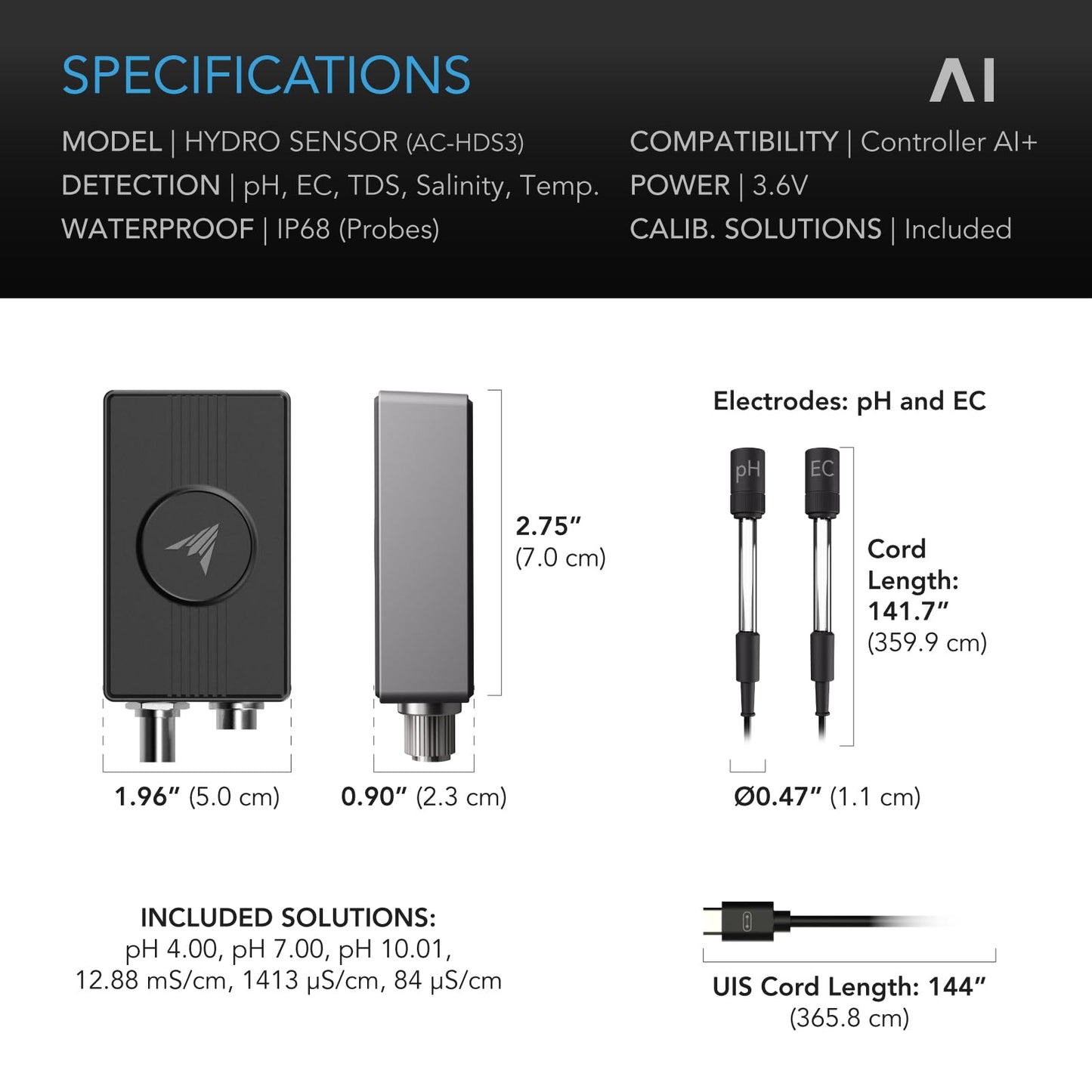 AC Infinity Hydro Sensor, Environmental Sensor for Controller AI+, Manage pH, EC, TDS and Water Temp for Grow Tents, Unlock Automations for Equipment Programming in Hydroponics, Aquariums, and Pools