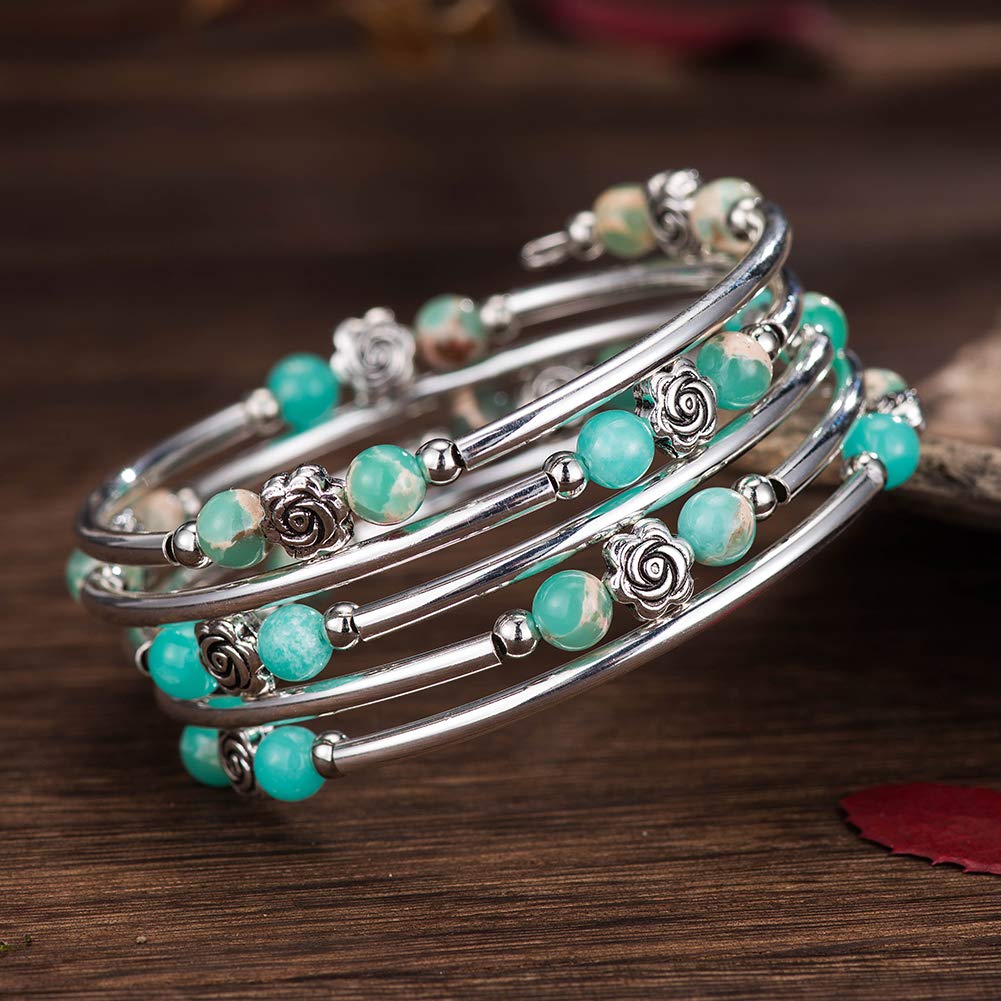 BULINLIN Wrap Bangle Rose Bead Bracelet - Beaded Bracelet with Natural Agate Stone Gifts For Women(01-Water green)