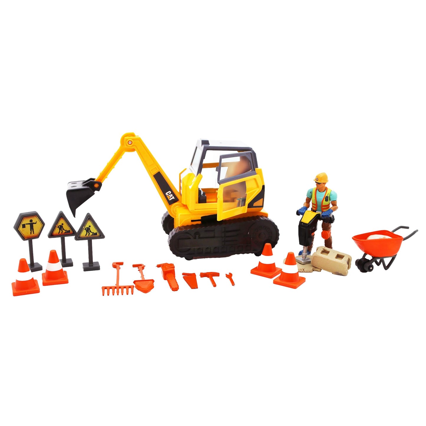 Cat Workforce Excavator Action Set, 23-Piece Kids Construction Toy Playset with 4-Inch Figure, Non-Drying Dirt Compound, Molds, Signs, Tools & Accessories, Ages 3+