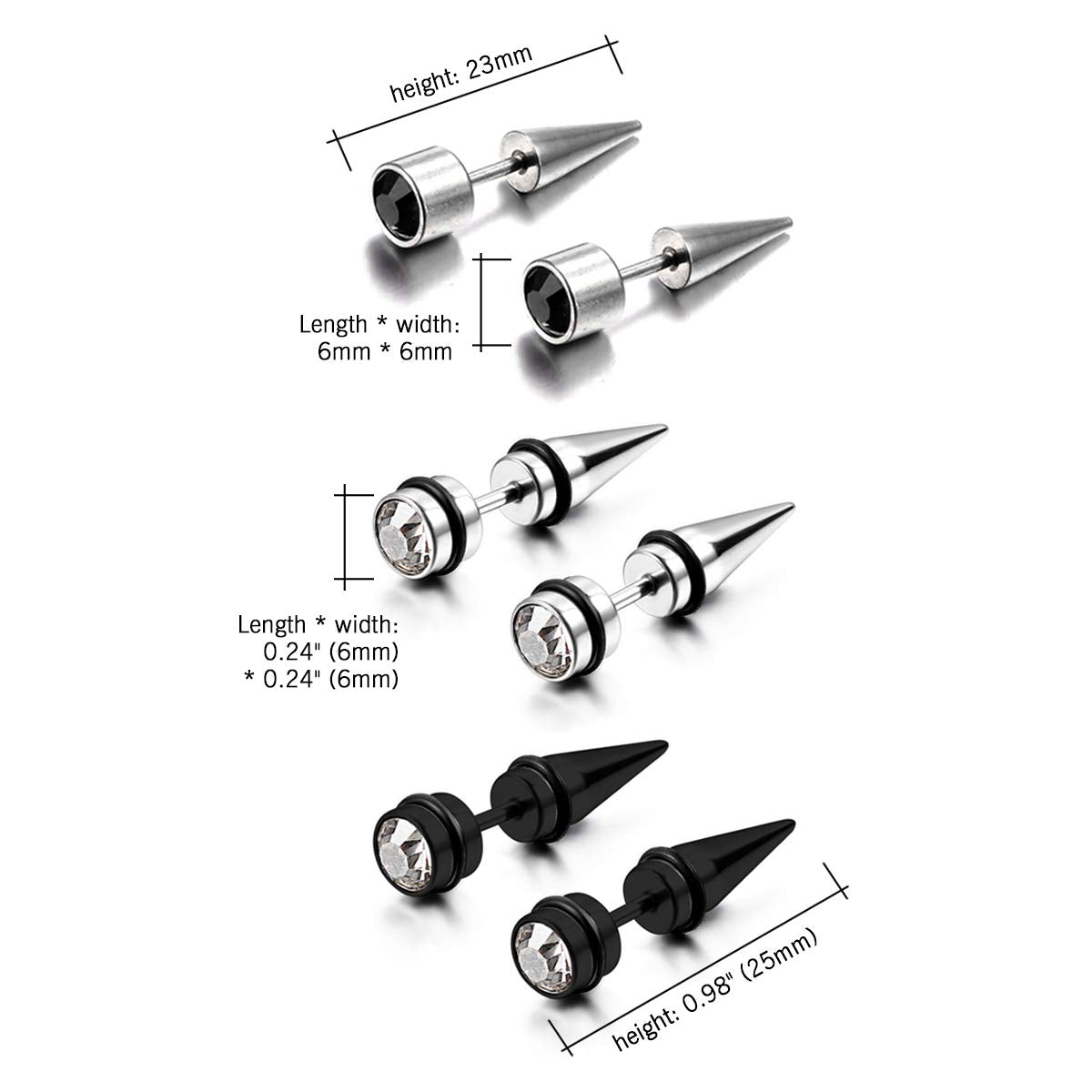 Aroncent 3Pairs Men's Stainless Steel Fake Illusion Tunnel Cheater Piercing Jewelry Stud Earrings Set