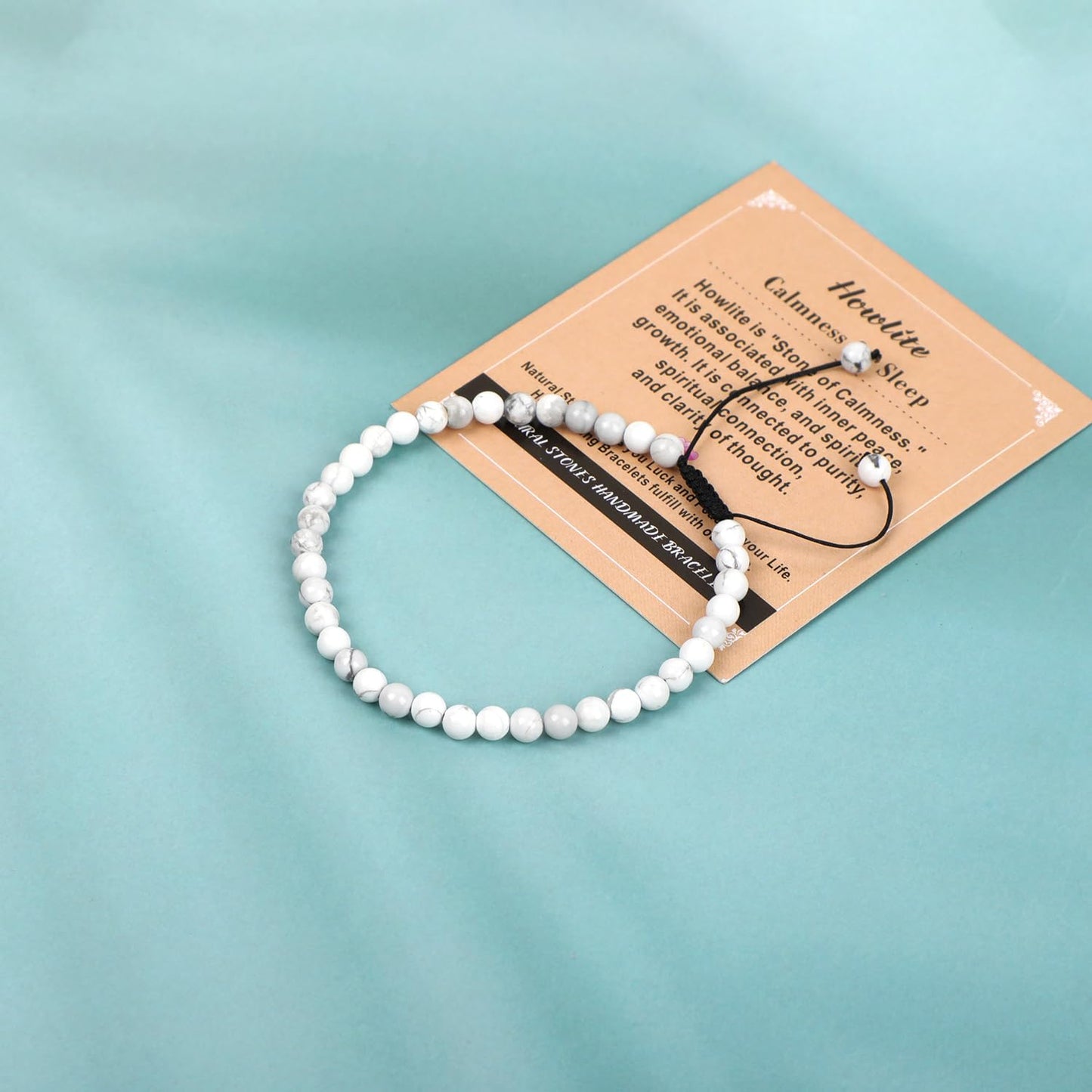 AD Beads 4mm Howlite - Calmness for Sleep - Handmade Natural Stone Crystal Bracelet with Adjustable Macrame String - Yoga Healing Power Energy Gifts for Men and Women