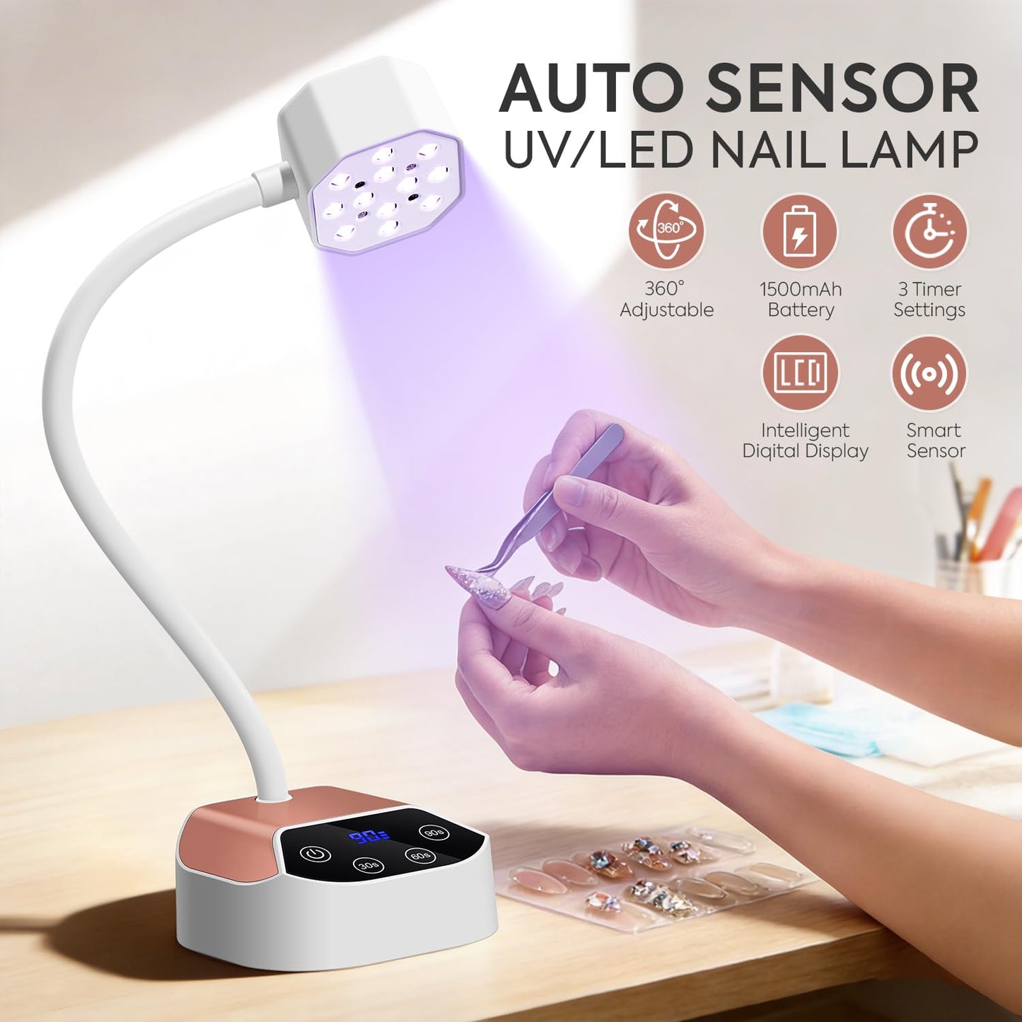 UV LED Nail Lamp 36W – Mini Cordless Flash Cure Gooseneck UV Light for Gel X Nails Portable USB 50mW/cm² Rechargeable Nail Dryer with 12 LEDs, Auto Sensor, 4 Timers & LCD Display for DIY Home Manicure