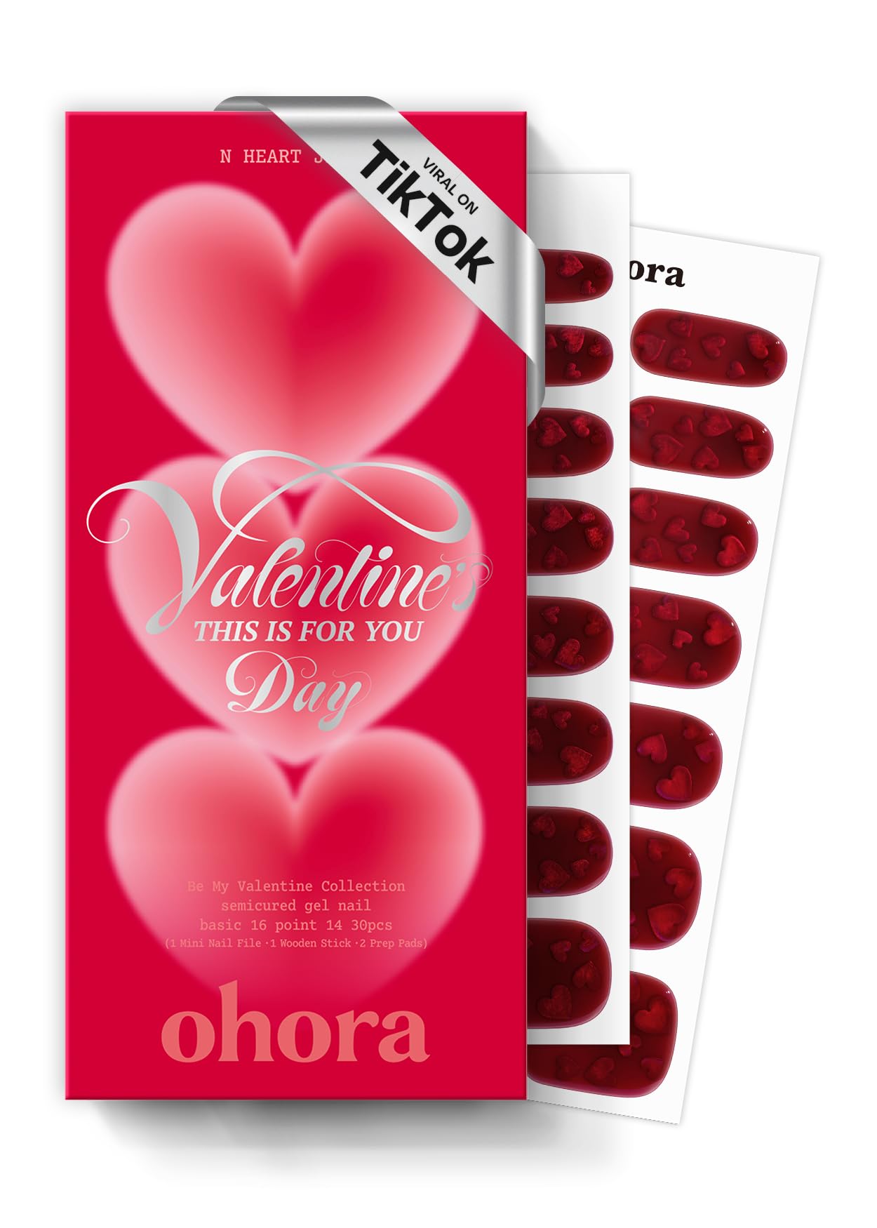 ohora Semi Cured Gel Nail Strips (N Heart Jelly) - Salon-Quality Valentines Nails, Works with Any Lamps, Long Lasting, Easy to Apply & Remove, Chip Resistant