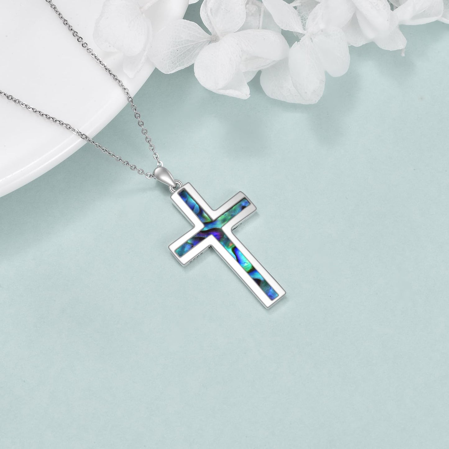 YFN Cross Necklace Sterling Silver Abalone Shell Cross Pendant Religious Jewelry Gift for Women Men