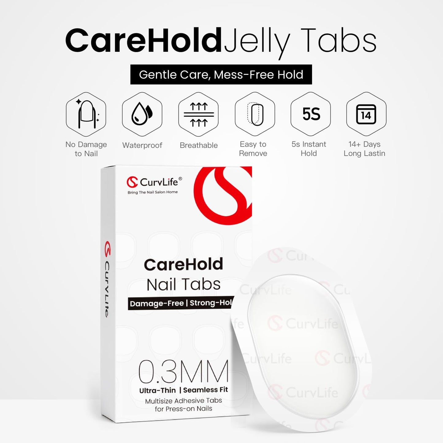 Curvlife CareHold Pro Nail Adhesive Tabs for Press On Nails – 10 Sheets, 15 Sizes Extra Wide 0.3mm Ultra Thin Double Sided Sticky Tabs, Clear Nail Stick Ons for Daily Wear and Gentle Removal