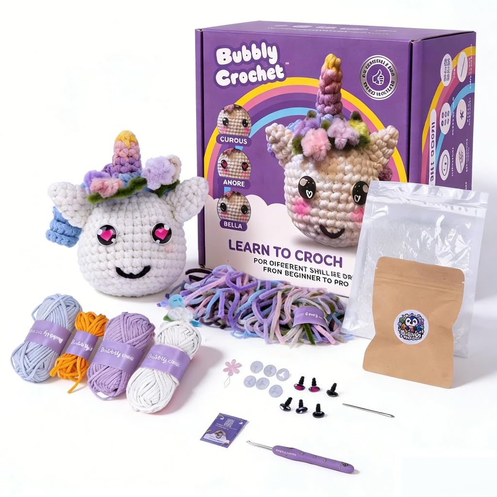 Bubbly Crochet - Luna the Unicorn Starter Kit | Includes Step-by-Step Tutorial Videos | Easy to Customize | Fun Handmade Gift and Easy Arts