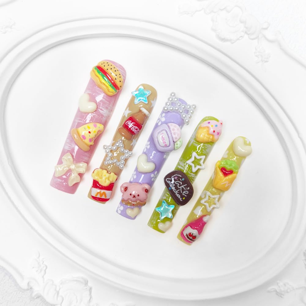 GGddsha 2025 Pastel Kawaii Food Deco Press-On Nails Handmade PMMA Acrylic Reusable Tips w/Box Gifts for Girls (Candy Vibes, M)