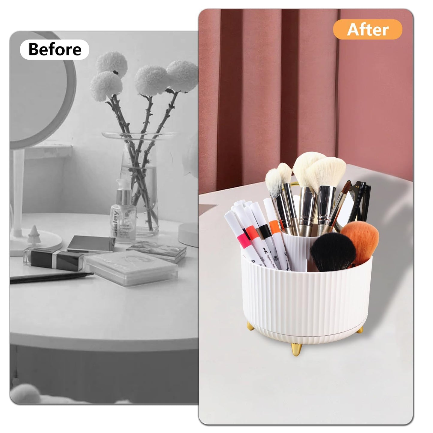 Desk Organizer Pen Holder, 5 Slots 360-Degree Spinning Pencil Organizers, Pencil Cups Desktop Storage Stationery Supplies for Office School Home,White