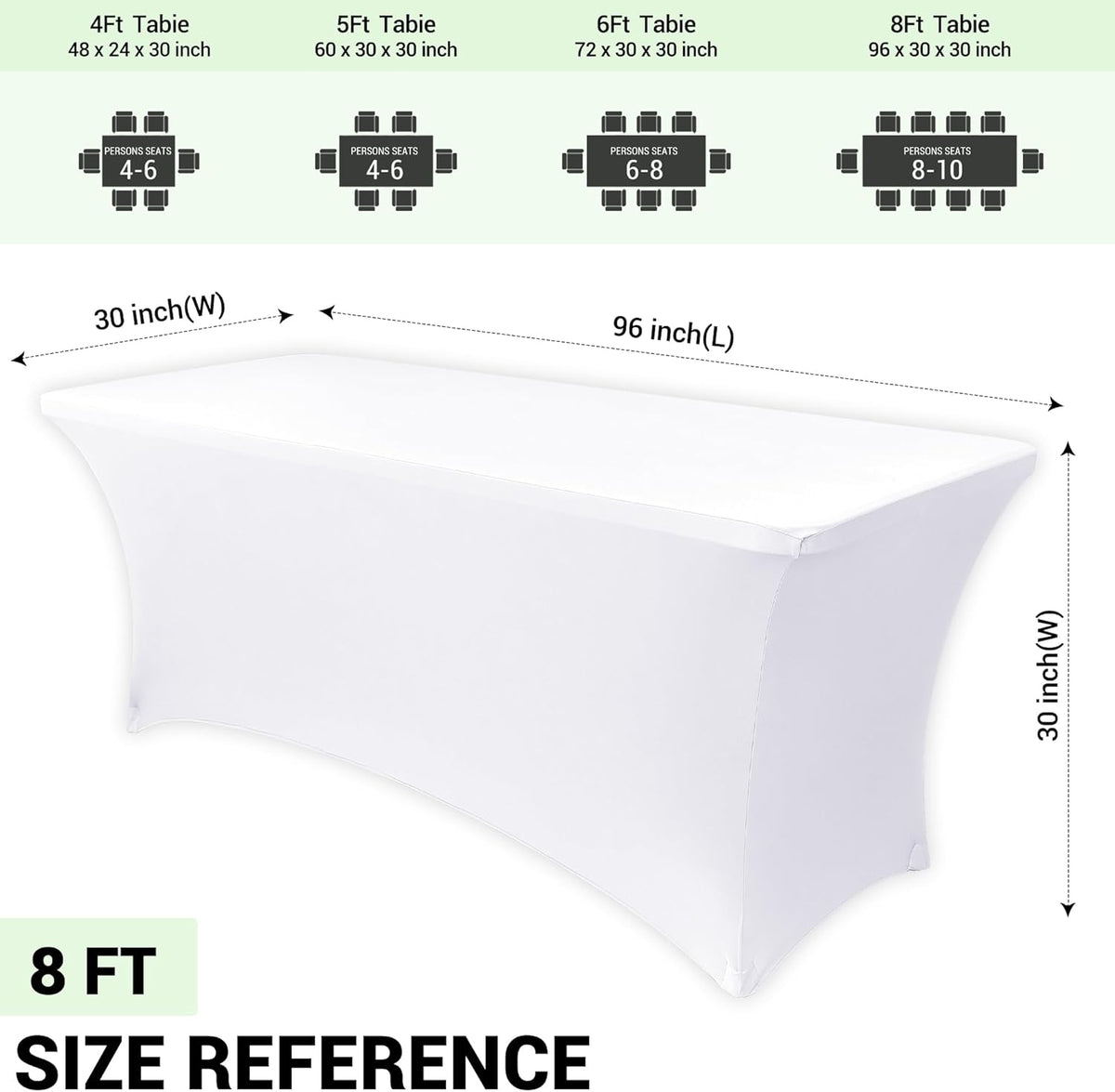Obstal 8Ft Stretch White Spandex Table Cover for Standard Folding Tables - 2 Pack Universal Rectangular Fitted Tablecloth for Party, Banquet, Events, Trade Show (White, 96L x 30W x 30H Inches)